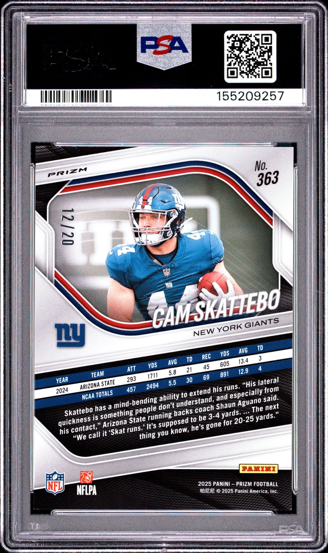 2025 Panini Prizm Cam Skattebo #363 (Panini Logo Prizm) Mint 9 back