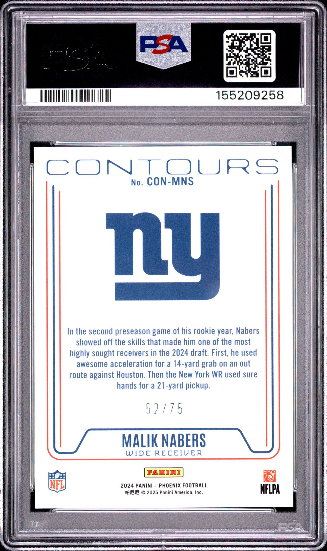2024 Panini Phoenix Contours Malik Nabers #Conmns (Contours-Bronze) Gem Mt 10 back view - PSA certificate #155209258