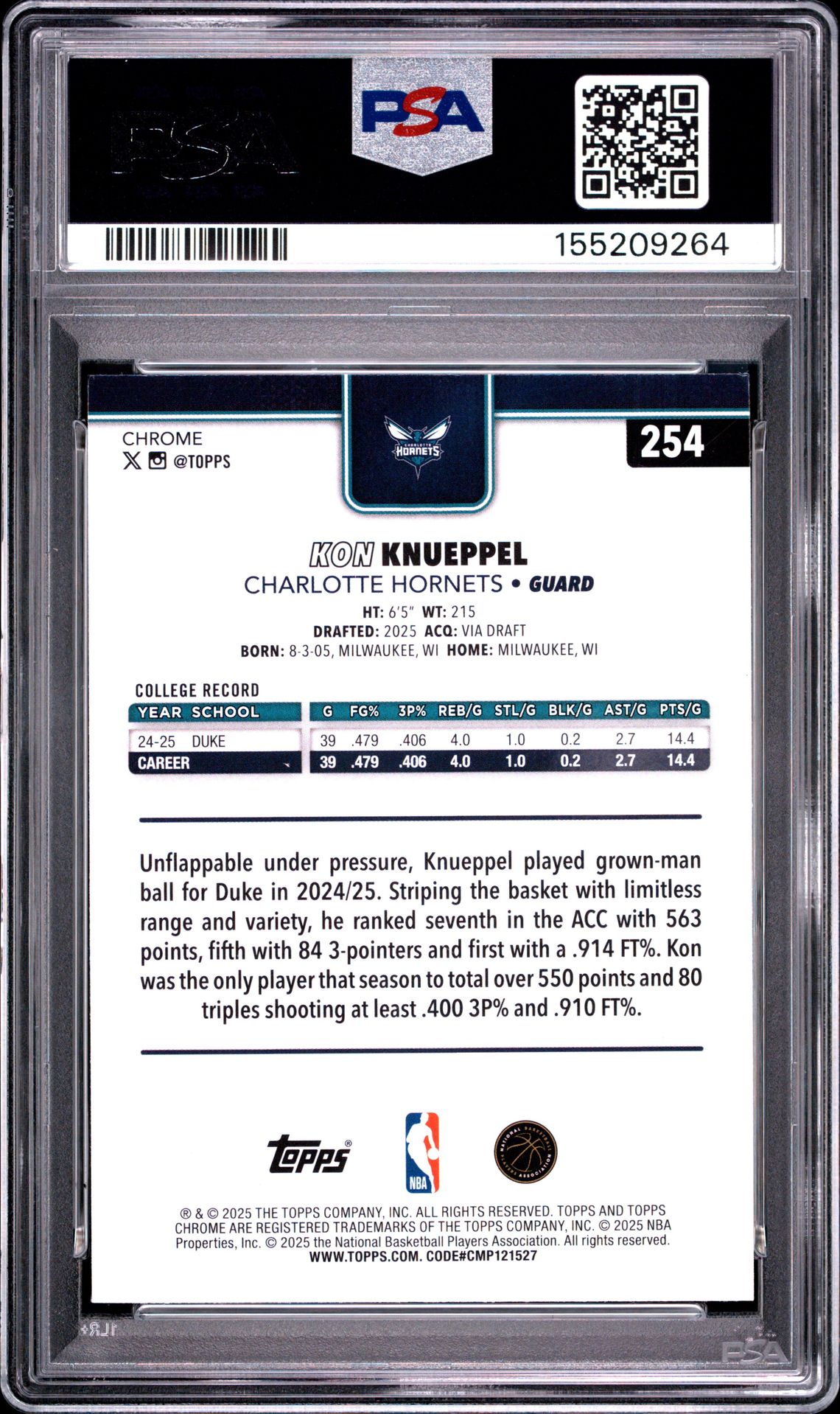 2025 Topps Chrome Kon Knueppel #254 (X-Fractor) Gem Mt 10 back view - PSA certificate #155209264
