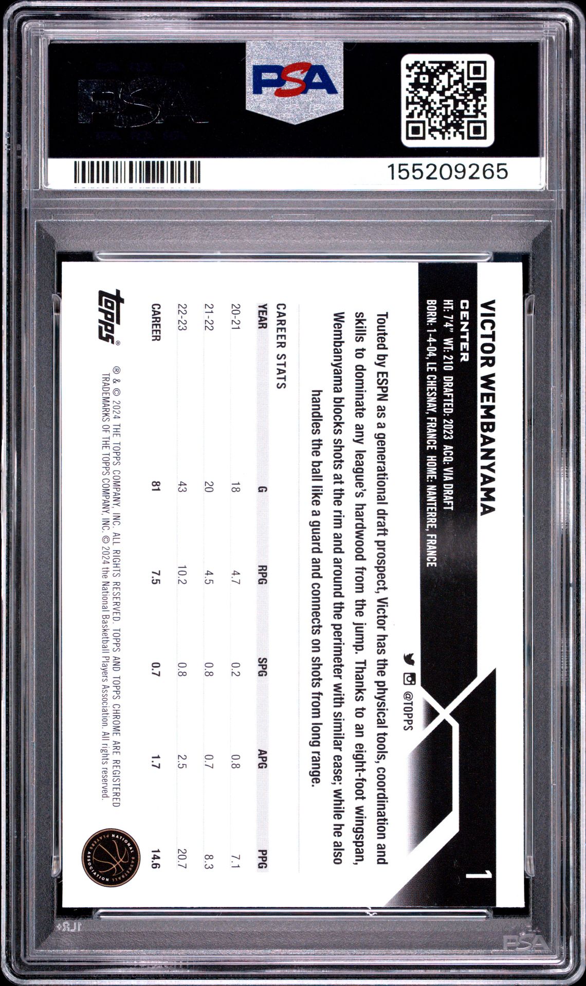 2023 Topps Chrome Victor Wembanyama #1 (Prism Refractor) Mint 9 back