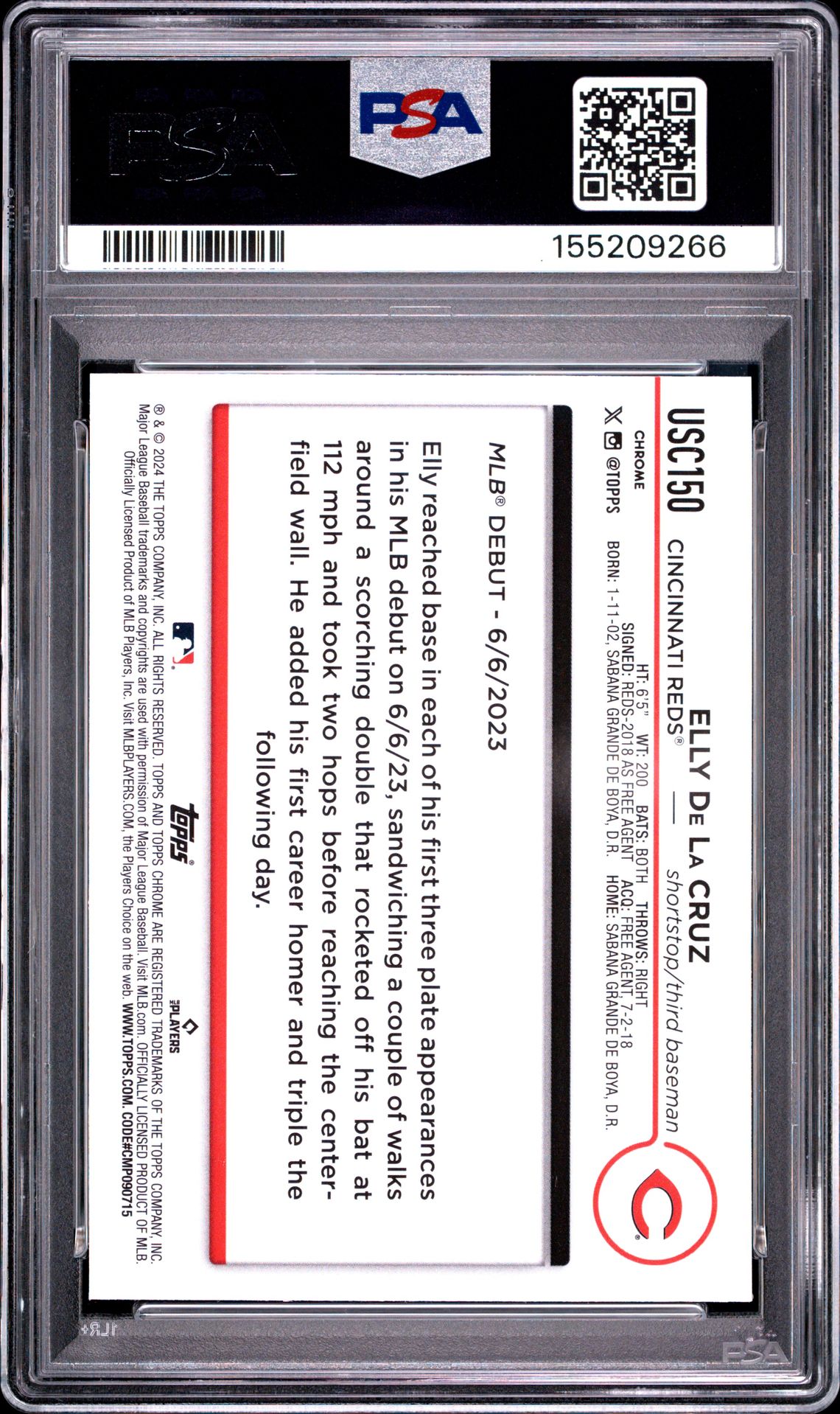 2024 Topps Chrome Update Elly De La Cruz #Usc150 (X-Fractor) Gem Mt 10 back view - PSA certificate #155209266