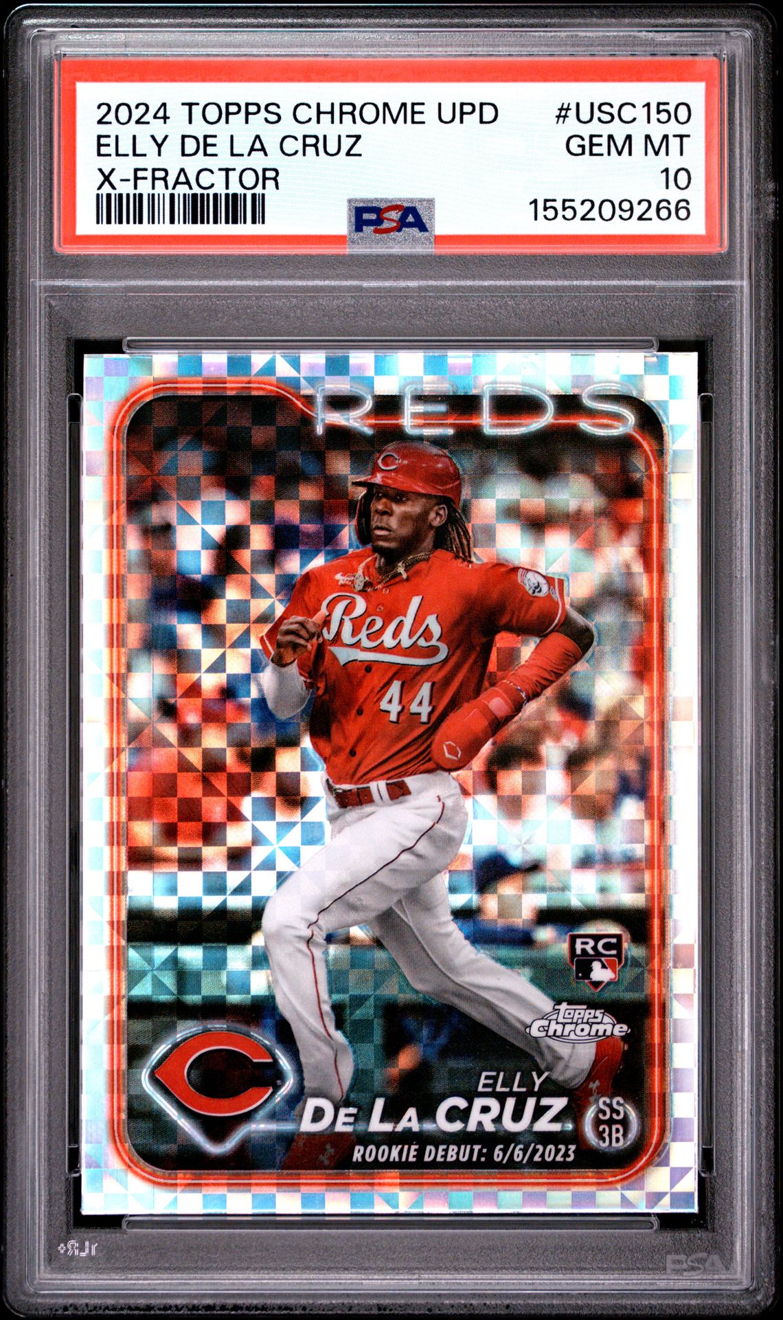 2024 Topps Chrome Update Elly De La Cruz #Usc150 (X-Fractor) Gem Mt 10 front view - PSA graded GEM MT 10