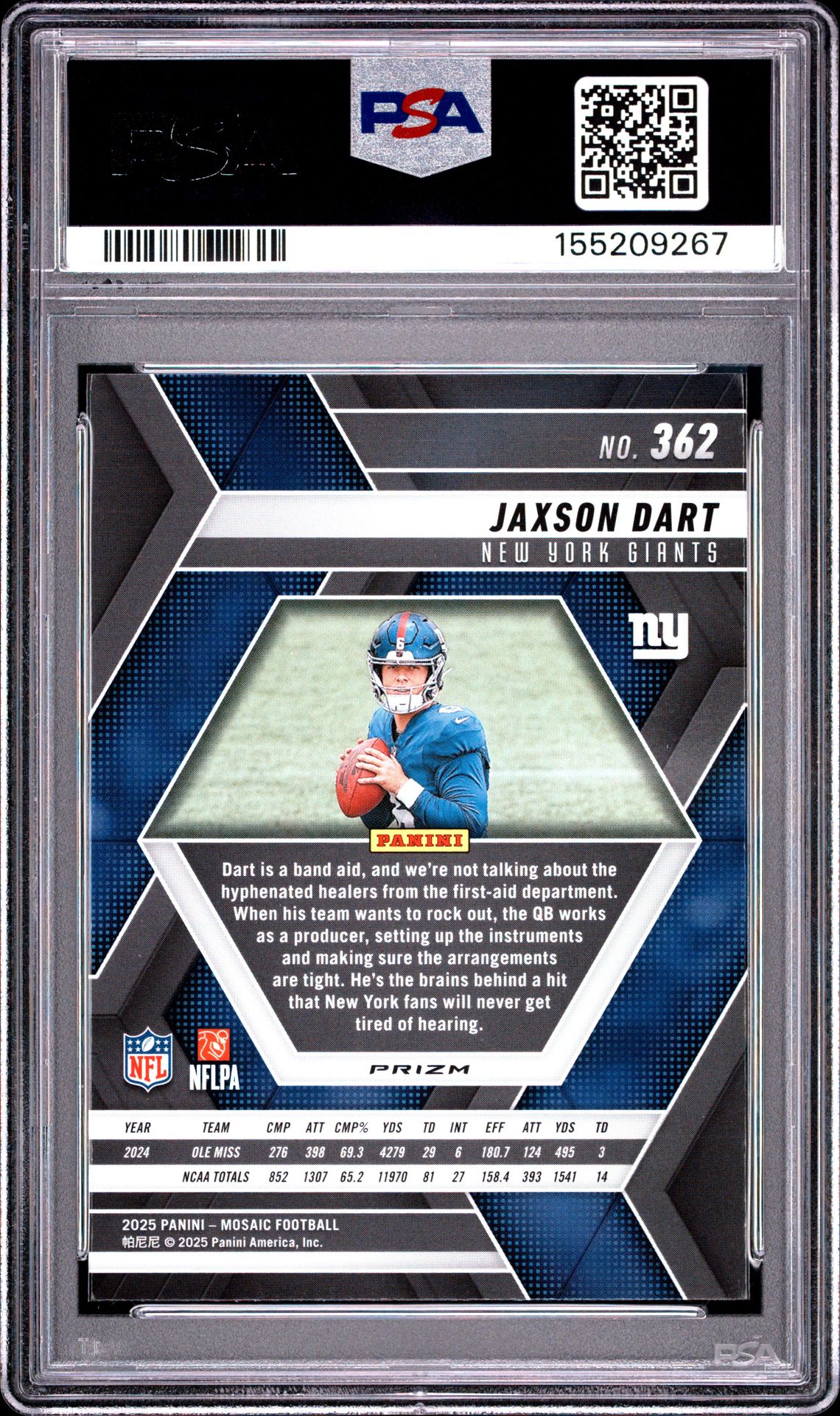 2025 Panini Mosaic Jaxson Dart #362 (Reactive Blue) Gem Mt 10 back view - PSA certificate #155209267