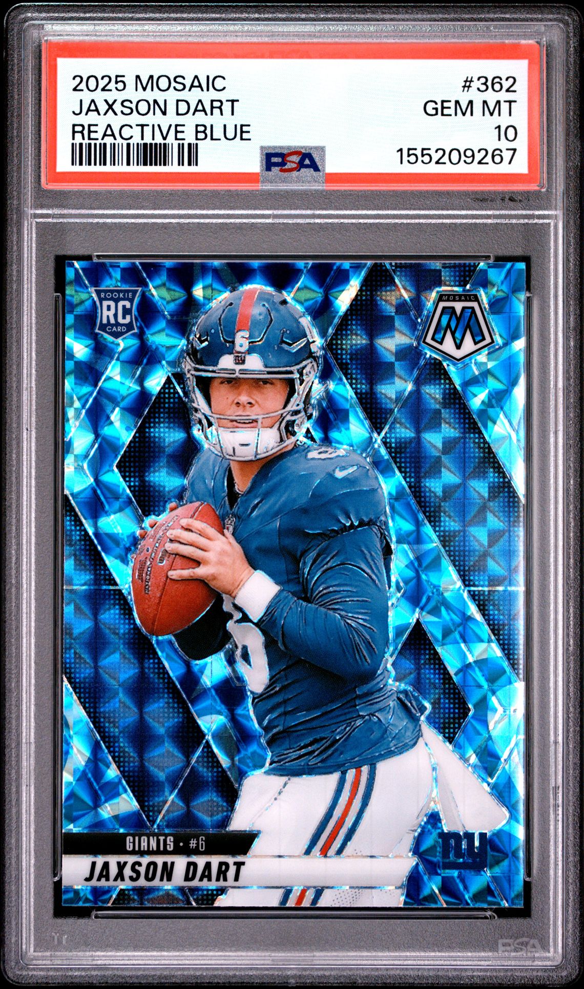 2025 Panini Mosaic Jaxson Dart #362 (Reactive Blue) Gem Mt 10 front view - PSA graded GEM MT 10