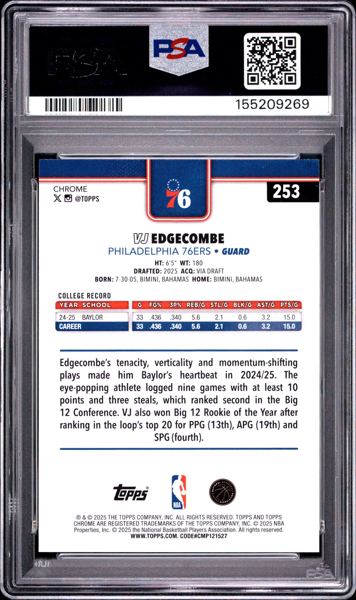 2025 Topps Chrome Vj Edgecombe #253 (X-Fractor) Gem Mt 10 back view - PSA certificate #155209269