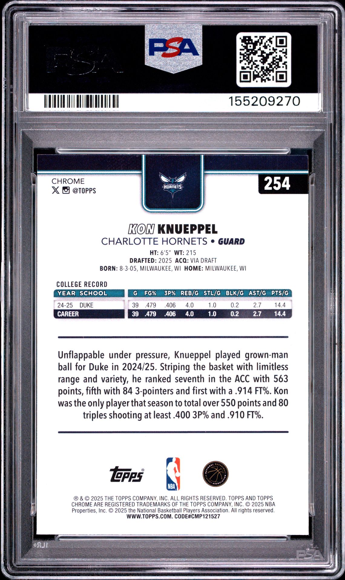 2025 Topps Chrome Kon Knueppel #254 (X-Fractor) Mint 9 back