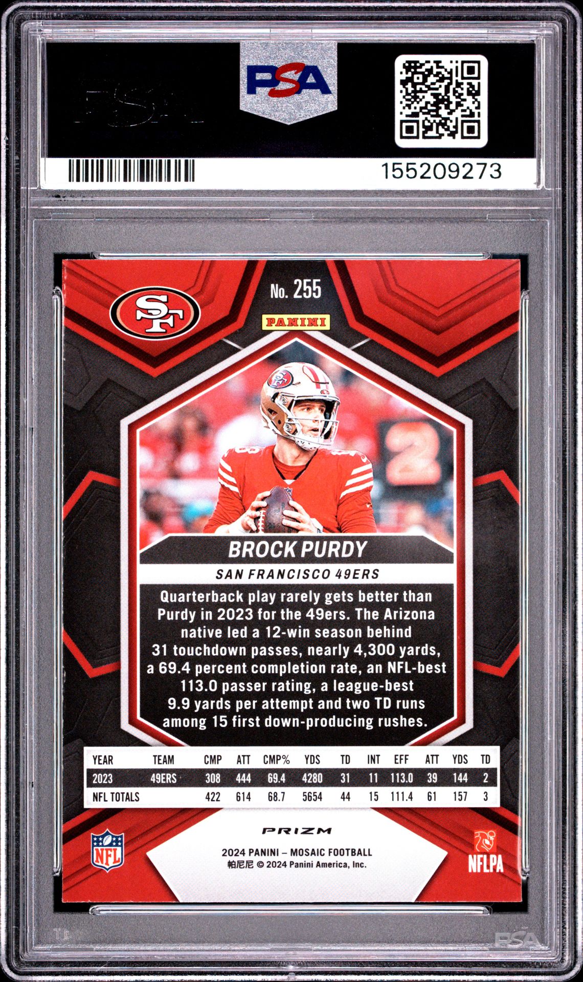 2024 Panini Mosaic Brock Purdy #255 (Red Sparkle) Gem Mt 10 back view - PSA certificate #155209273
