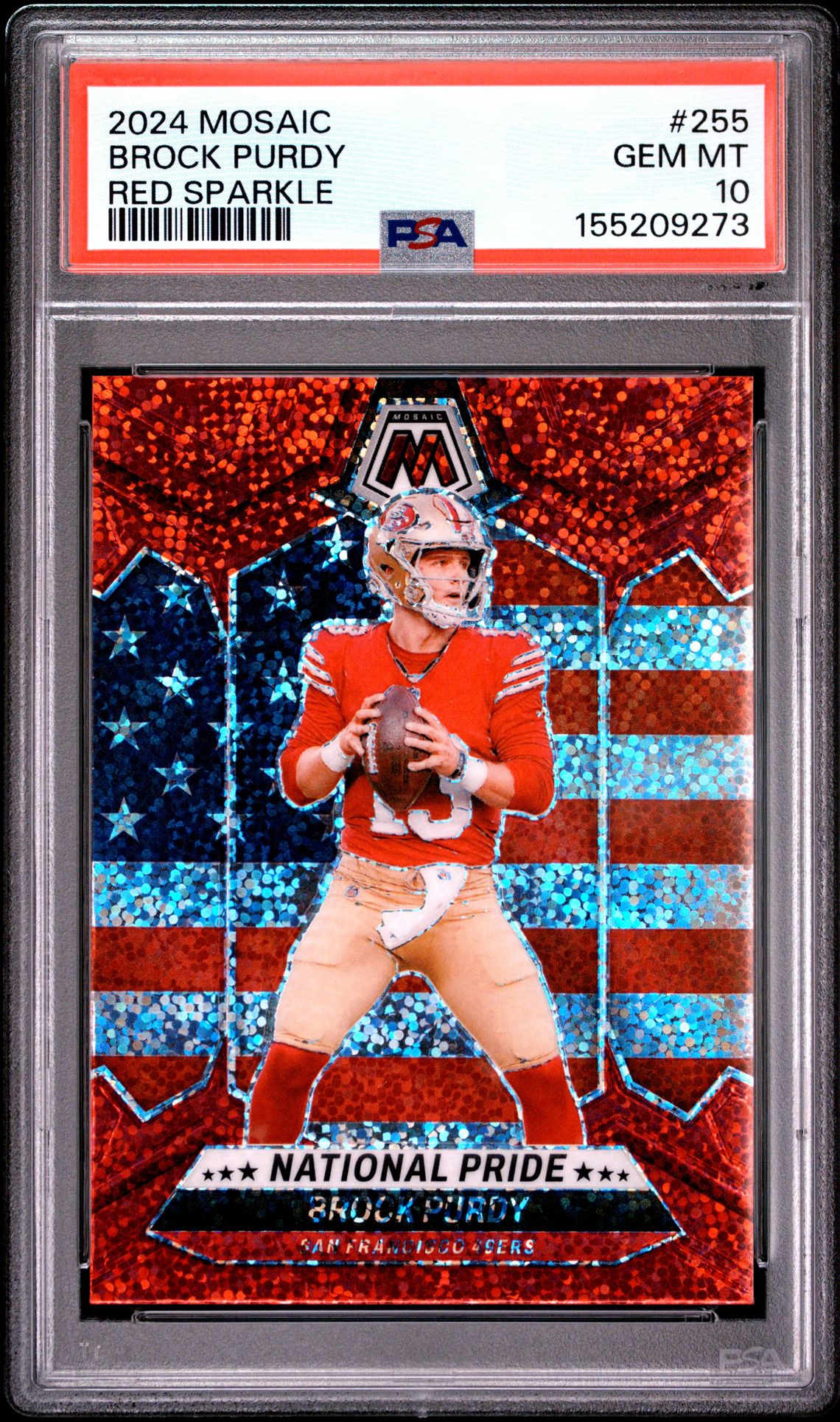 2024 Panini Mosaic Brock Purdy #255 (Red Sparkle) Gem Mt 10 front view - PSA graded GEM MT 10