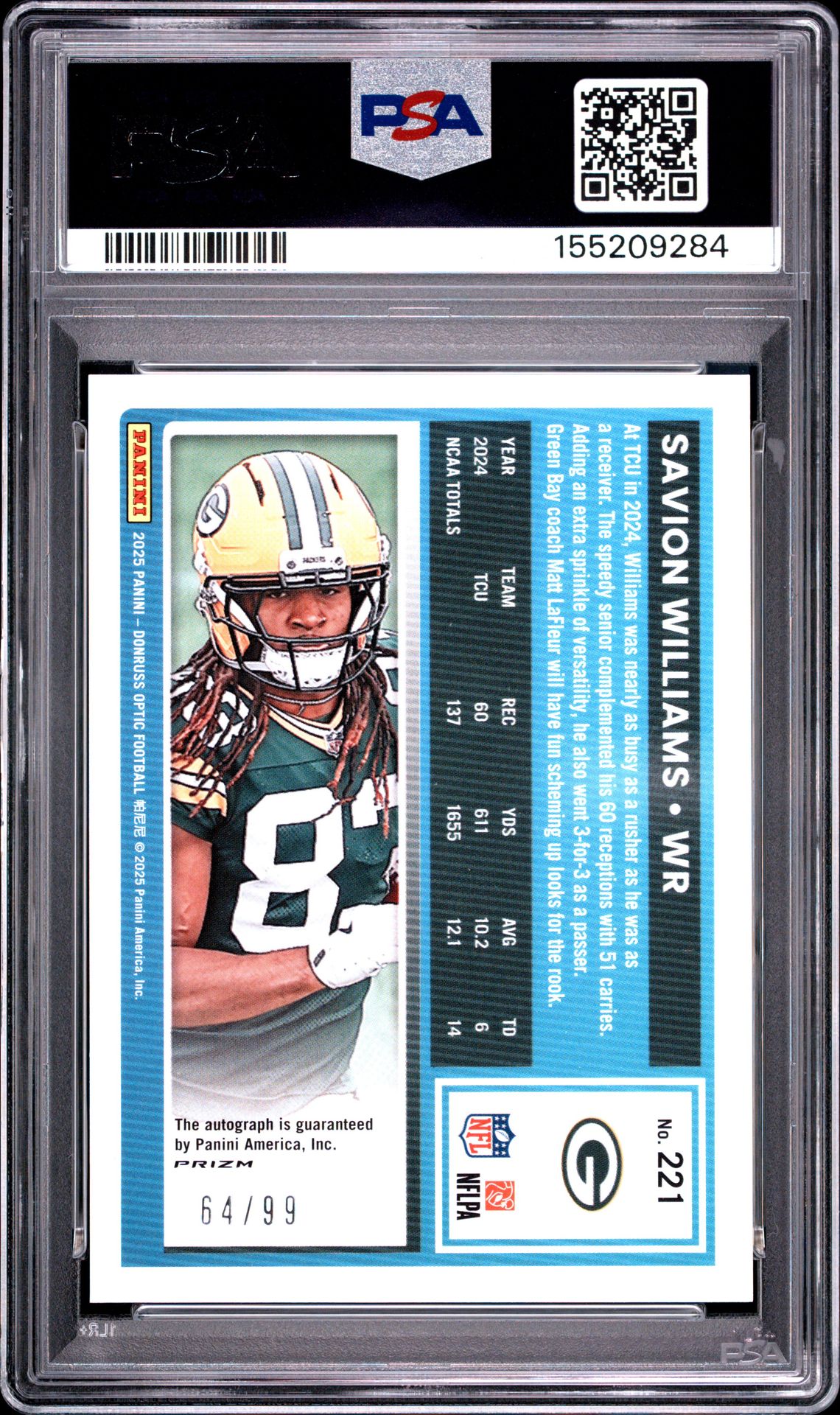 2025 Panini Donruss Optic Savion Williams #221 (Autograph-Red) Mint 9 back