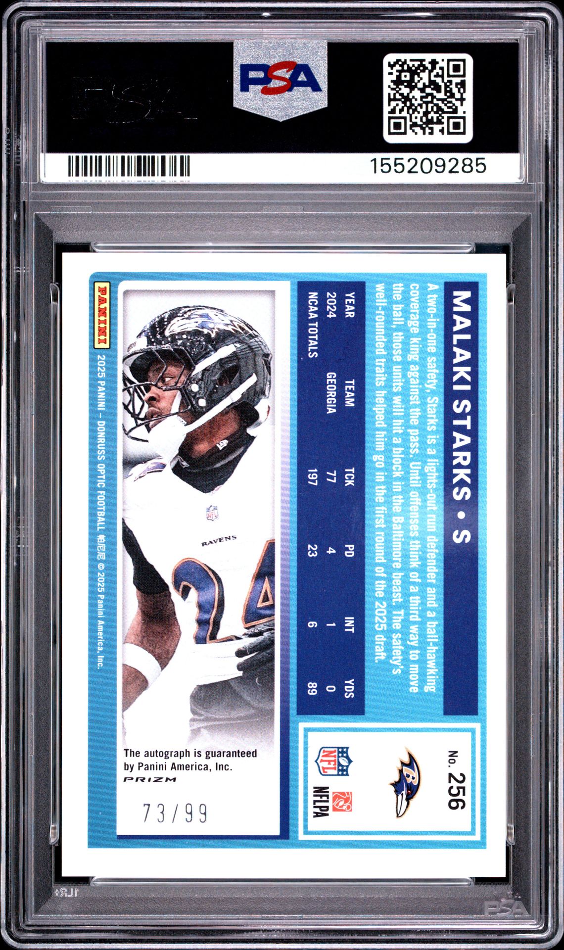 2025 Panini Donruss Optic Malaki Starks #256 (Autograph-Red) Gem Mt 10 back view - PSA certificate #155209285