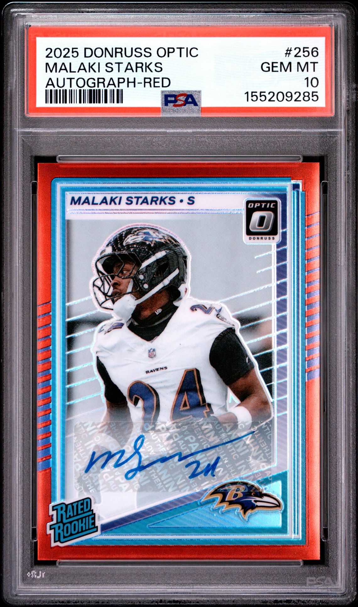 2025 Panini Donruss Optic Malaki Starks #256 (Autograph-Red) Gem Mt 10 front view - PSA graded GEM MT 10
