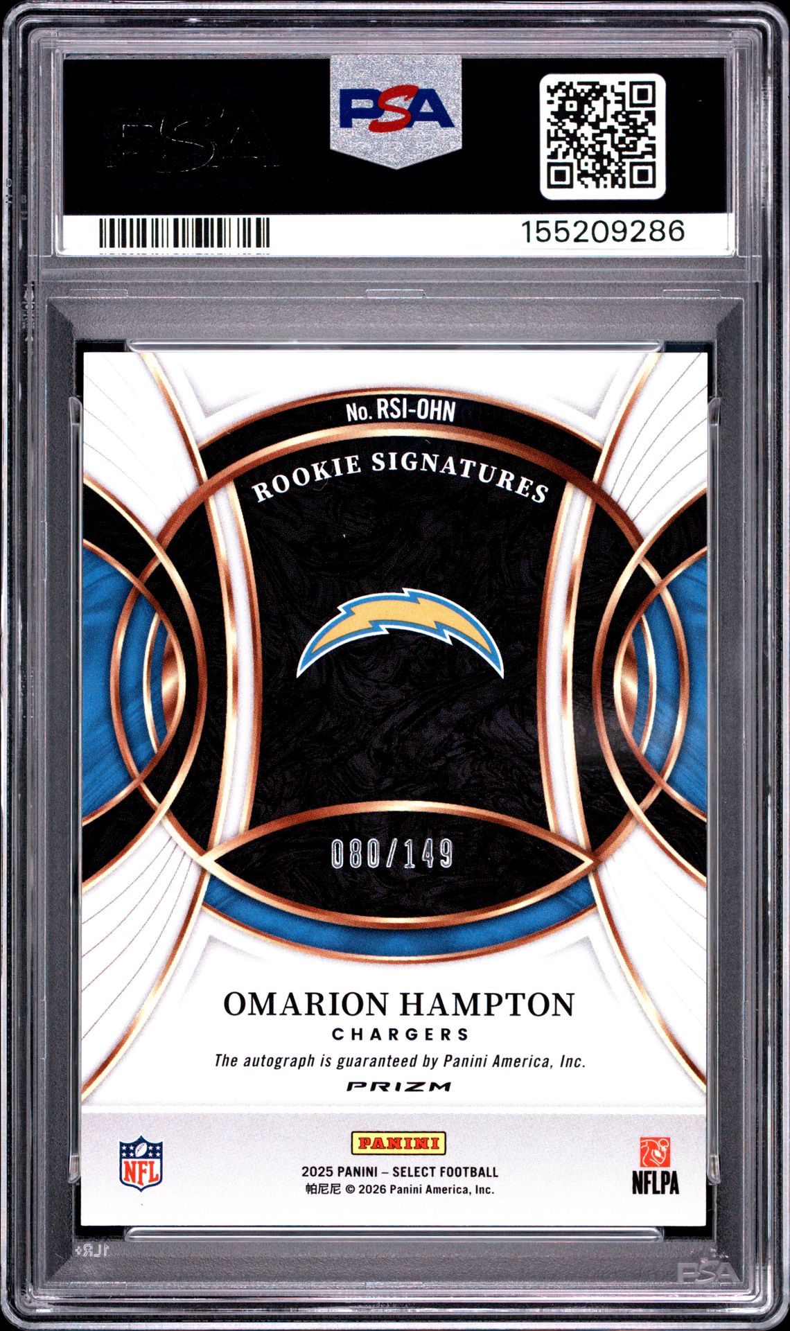2025 Panini Select Rookie Signatures Omarion Hampton #Rsi-Ohn (Rookie Signatures-Blue Prizm) Mint 9 back