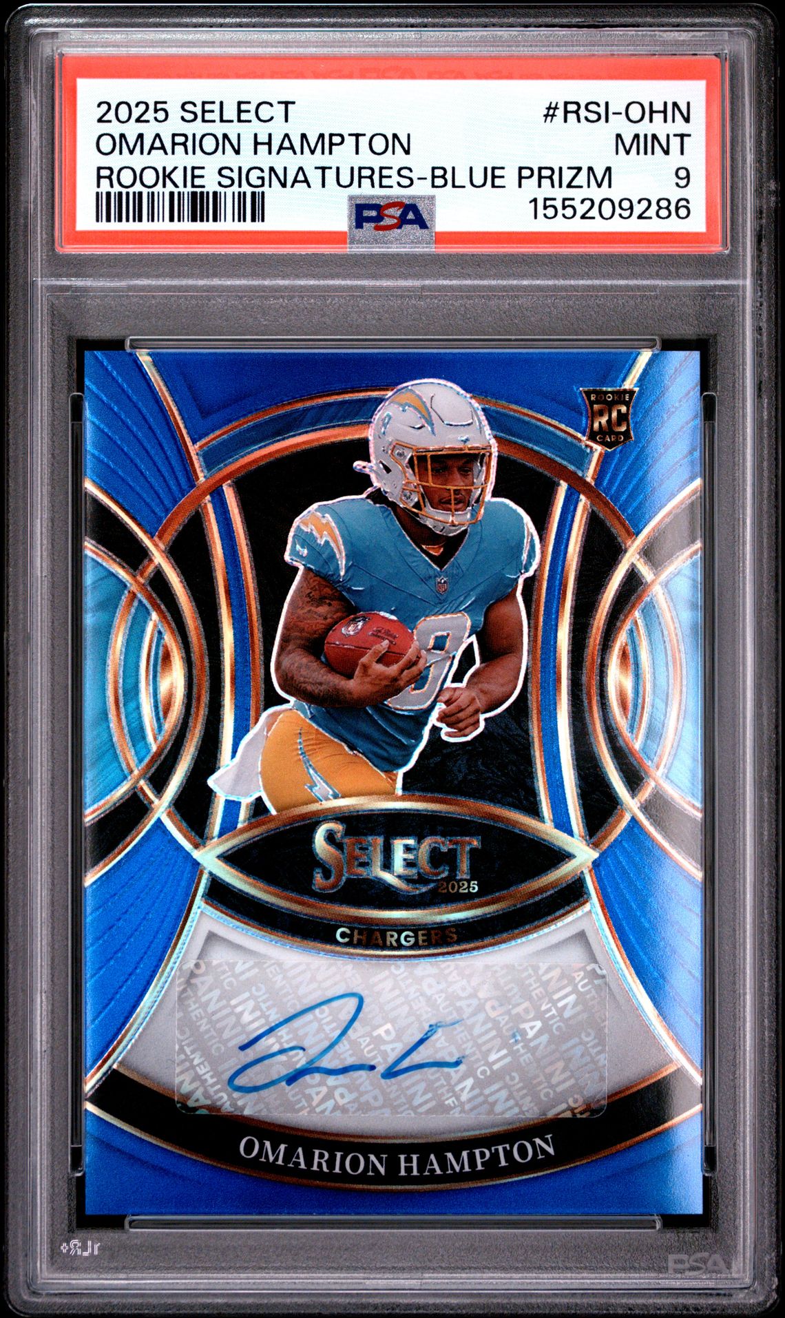 2025 Panini Select Rookie Signatures Omarion Hampton #Rsi-Ohn (Rookie Signatures-Blue Prizm) Mint 9 front