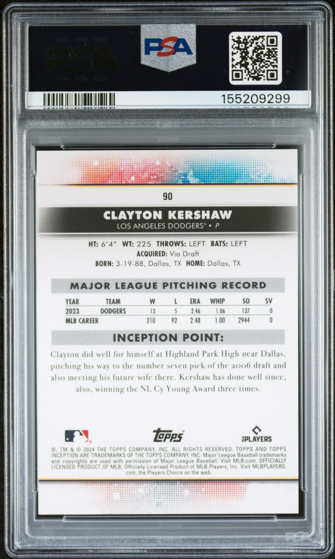 2024 Topps Inception Clayton Kershaw #90 (Yellow) Gem Mt 10 back view - PSA certificate #155209299