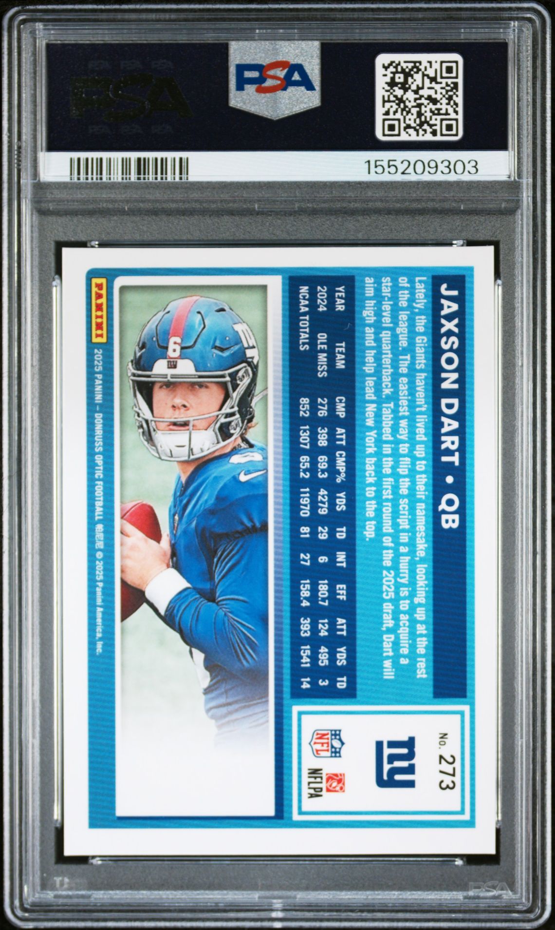 2025 Panini Donruss Optic Jaxson Dart #273 Gem Mt 10 back view - PSA certificate #155209303