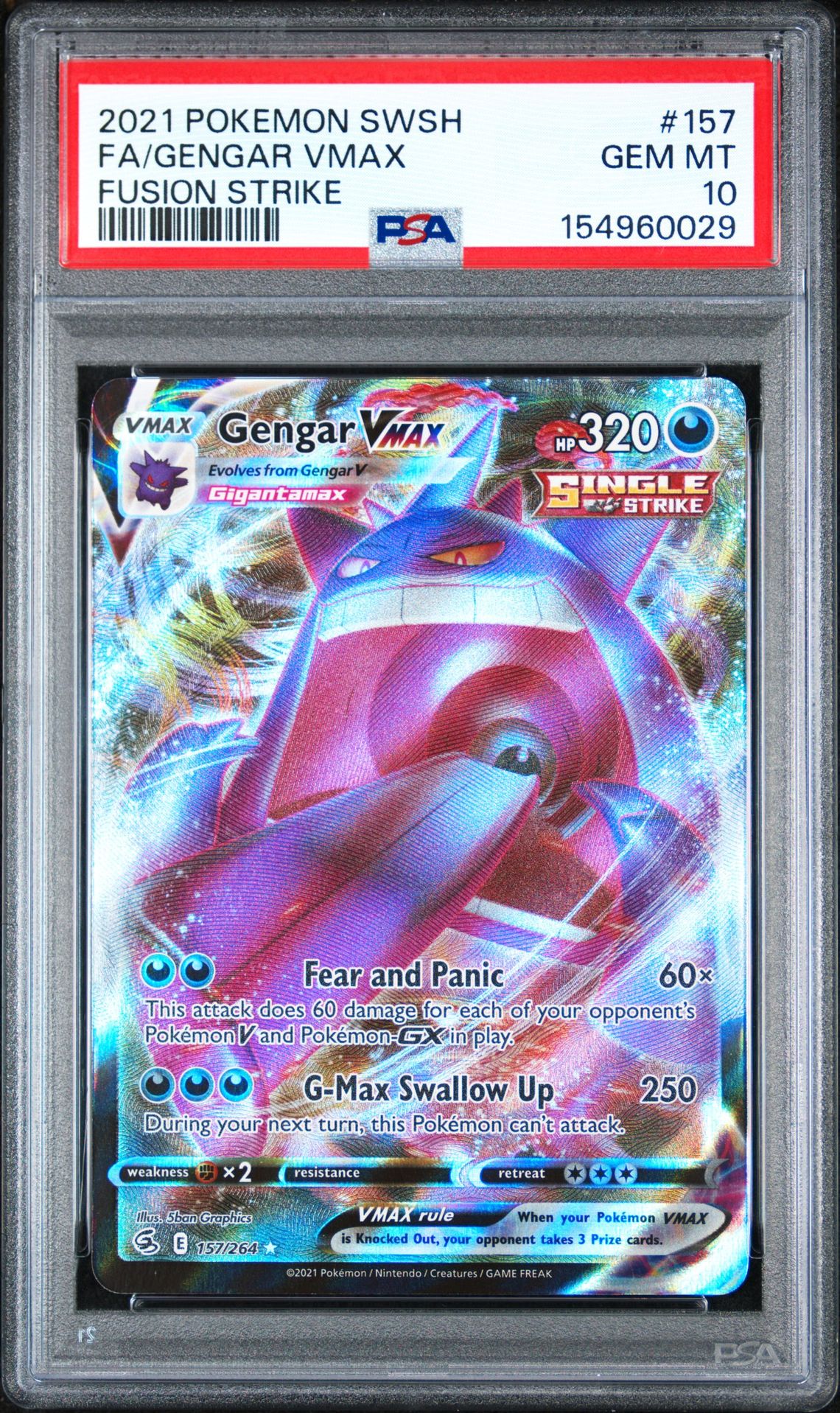 2021 Pokemon Sword & Shield Fusion Strike Fa/Gengar Vmax #157 (Fusion Strike) Gem Mt 10 front view - PSA graded GEM MT 10