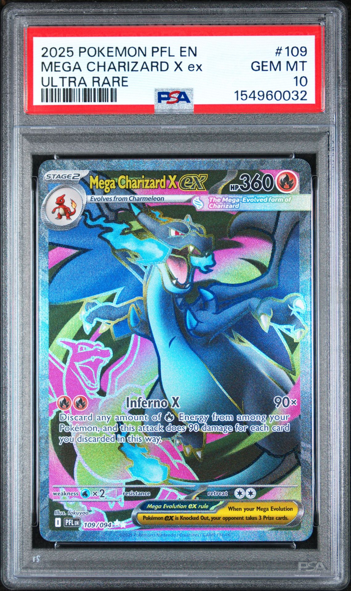 2025 Pokemon Pfl En-Phantasmal Flames Mega Charizard X Ex #109 (Ultra Rare) Gem Mt 10 front view - PSA graded GEM MT 10