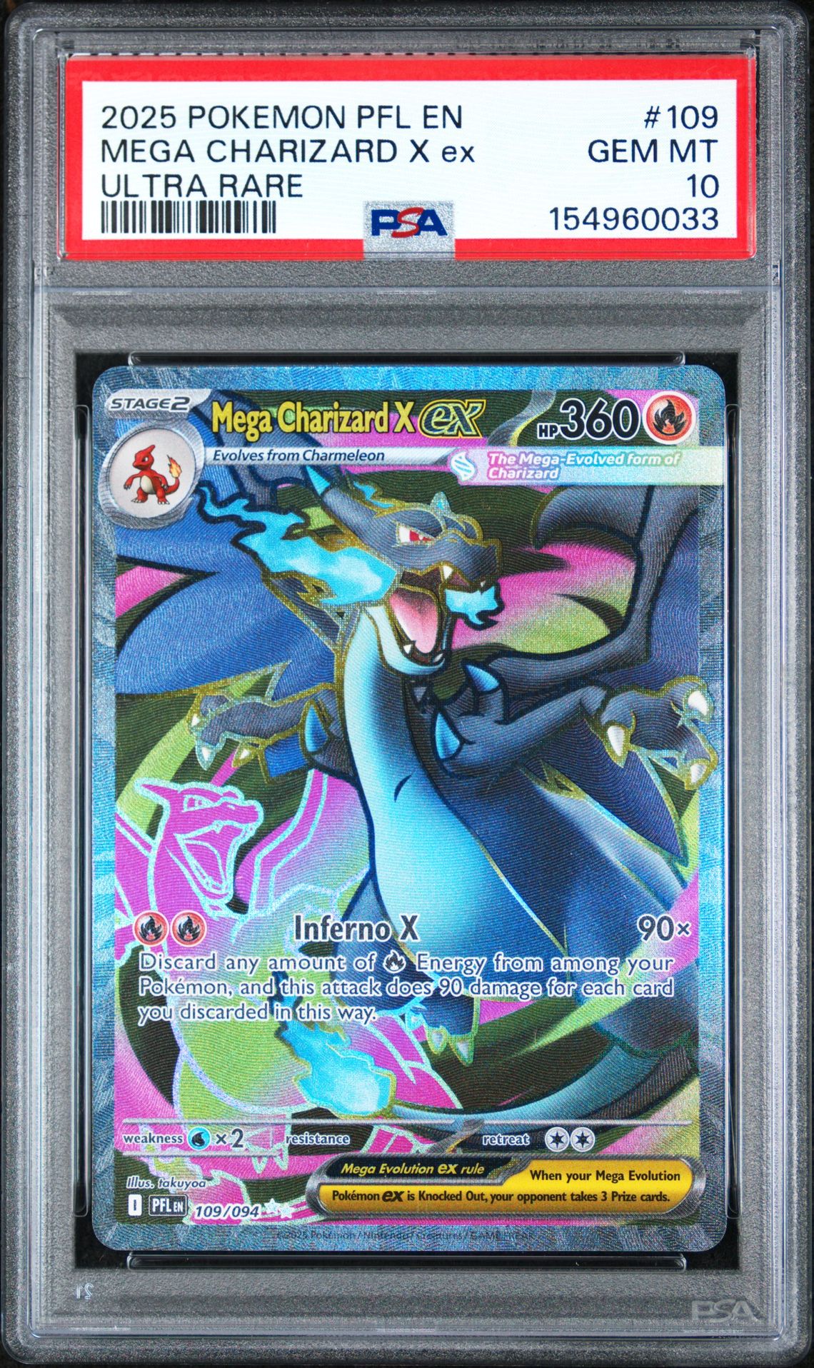 2025 Pokemon Pfl En-Phantasmal Flames Mega Charizard X Ex #109 (Ultra Rare) Gem Mt 10 front view - PSA graded GEM MT 10