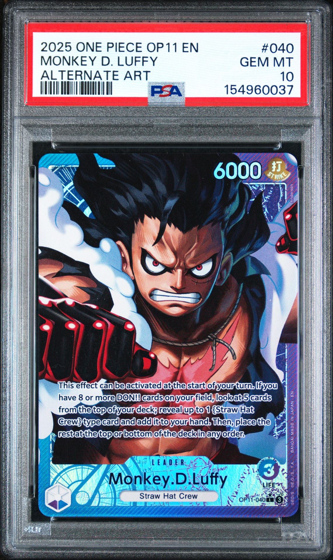 2025 One Piece Op11-A Fist Of Divine Speed Monkey D. Luffy #040 (Alternate Art) Gem Mt 10 front view - PSA graded GEM MT 10