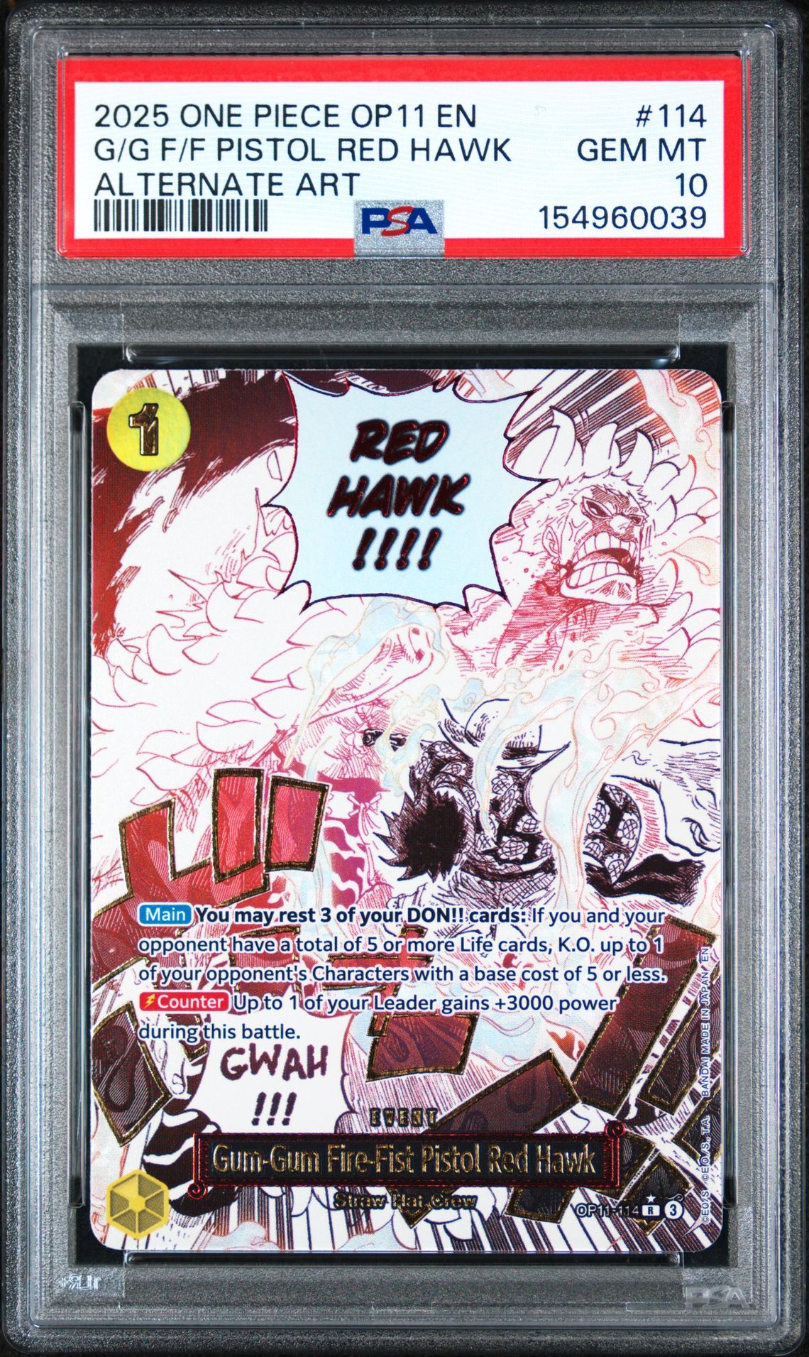 2025 ONE PIECE OP11-A FIST OF DIVINE SPEED G/G F/F PISTOL RED HAWK ALTERNATE ART 114 GEM MT 10 front