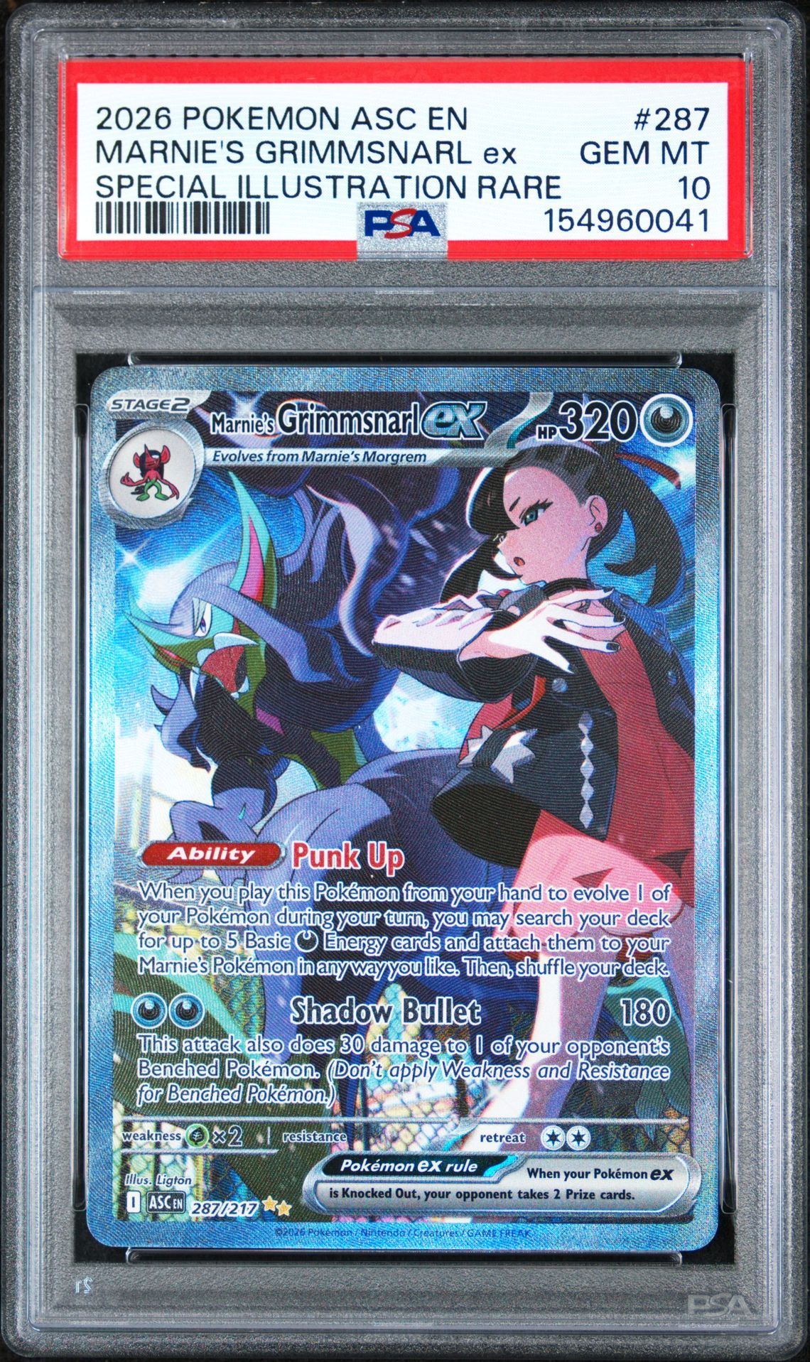 2026 Pokemon Asc En-Ascended Heroes Marnie's Grimmsnarl Ex #287 (Special Illustration Rare) Gem Mt 10 front view - PSA graded GEM MT 10