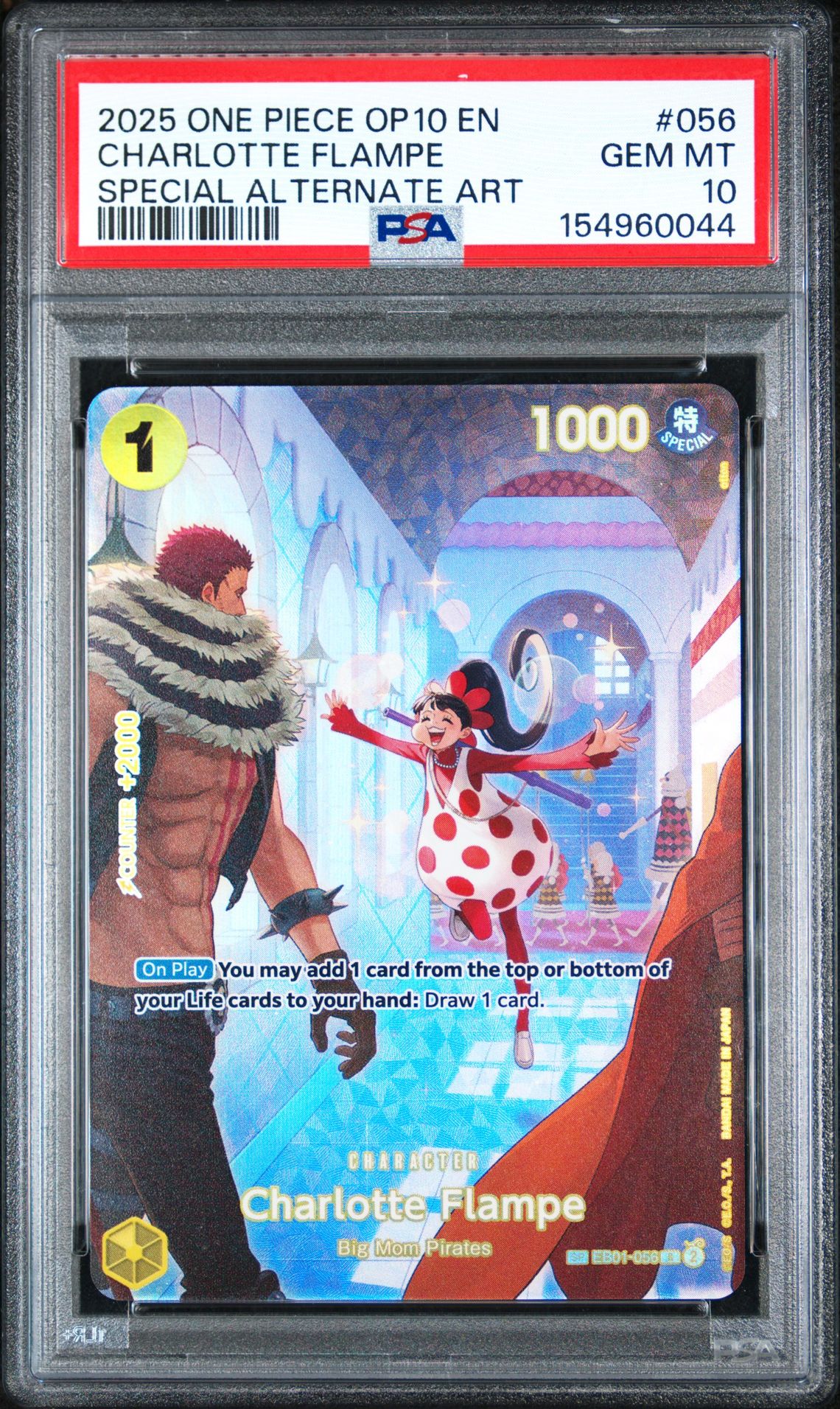2025 ONE PIECE OP10-ROYAL BLOOD CHARLOTTE FLAMPE SPECIAL ALTERNATE ART 056 GEM MT 10 front