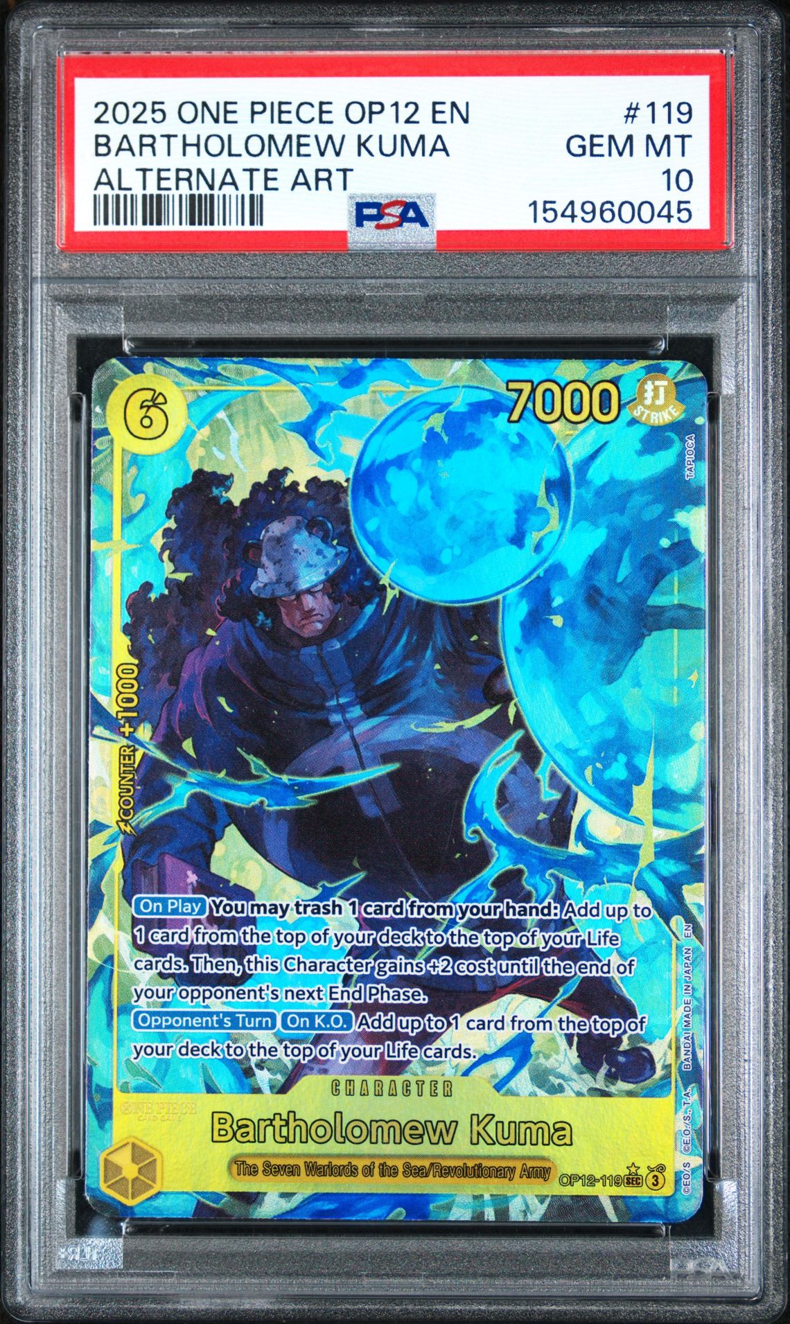 2025 One Piece Op12-Legacy Of The Master Bartholomew Kuma #119 (Alternate Art) Gem Mt 10 front view - PSA graded GEM MT 10