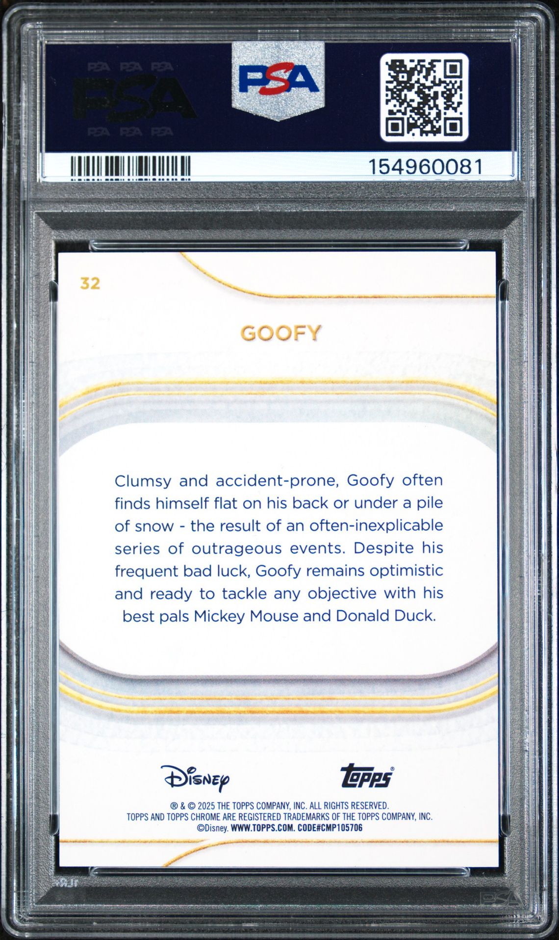 2025 Topps Chrome Disney Goofy #32 (Mickey Mouse R&B Refractor) Gem Mt 10 back view - PSA certificate #154960081