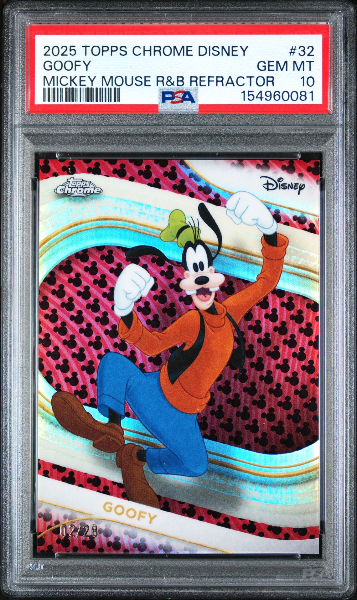 2025 Topps Chrome Disney Goofy #32 (Mickey Mouse R&B Refractor) Gem Mt 10 front view - PSA graded GEM MT 10