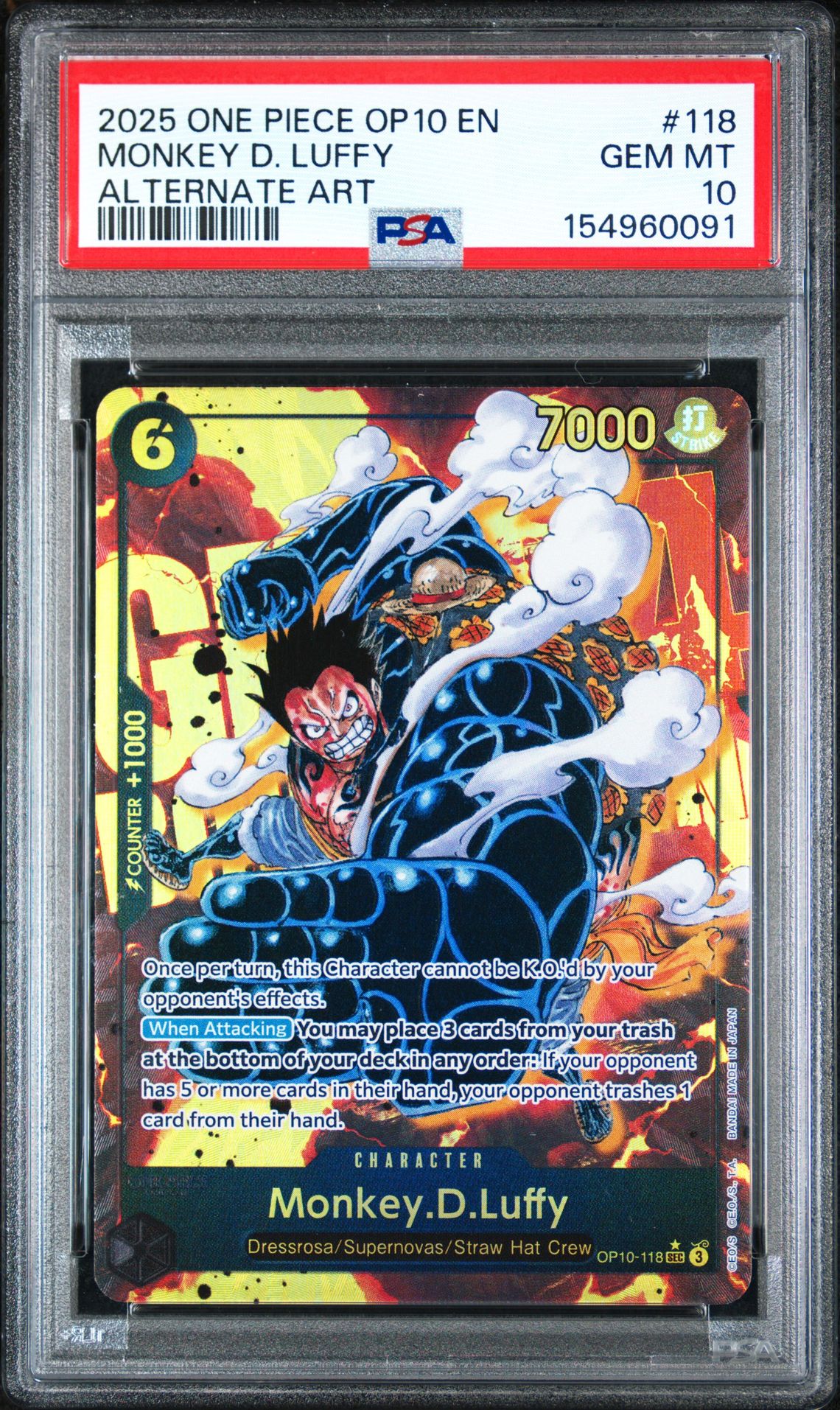 2025 One Piece Op10-Royal Blood Monkey D. Luffy #118 (Alternate Art) Gem Mt 10 front view - PSA graded GEM MT 10