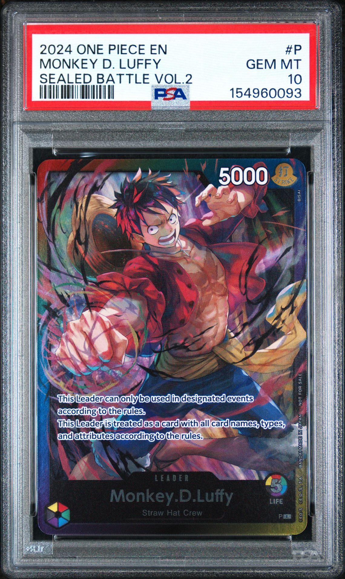 2024 One Piece Promos Monkey D. Luffy #P (Sealed Battle Vol.2) Gem Mt 10 front view - PSA graded GEM MT 10