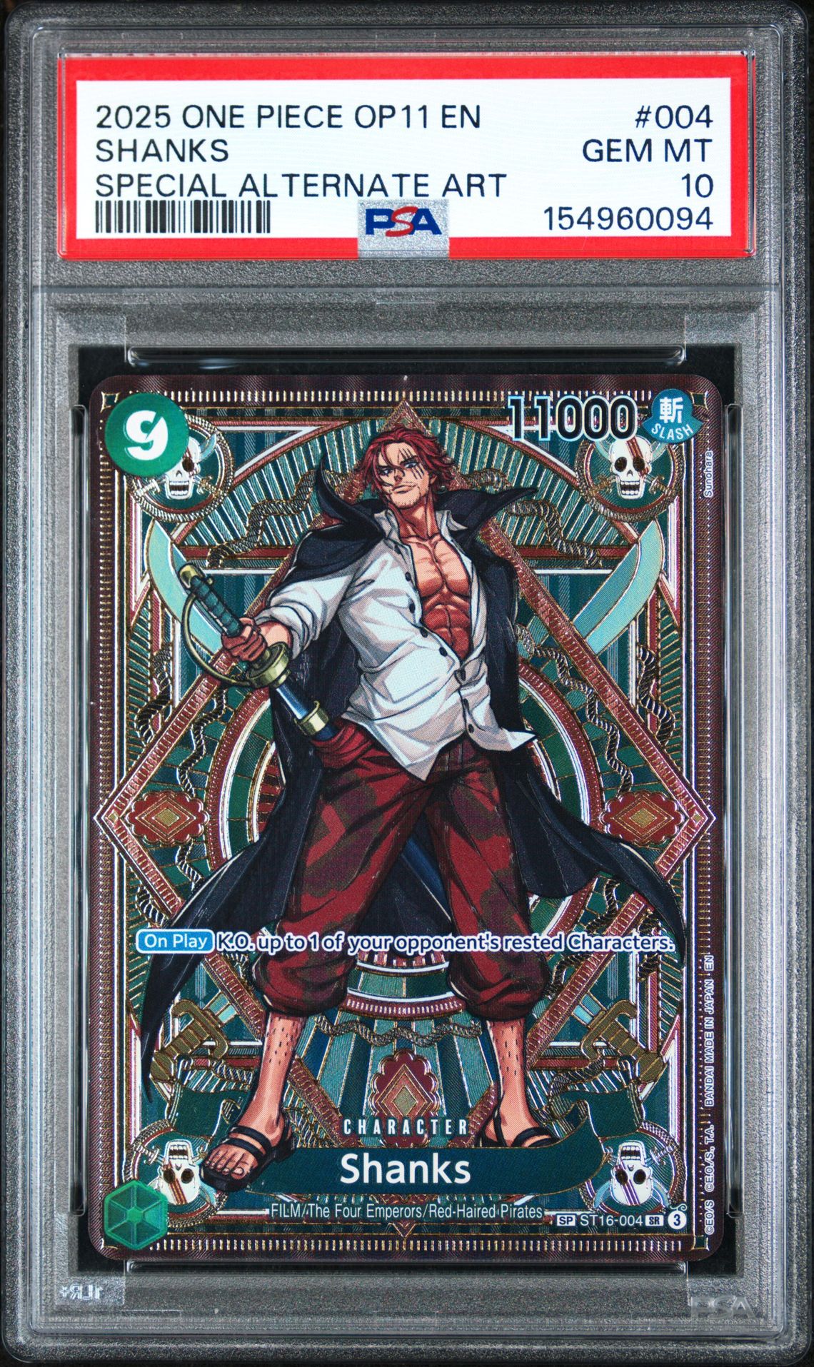 2025 One Piece Op11-A Fist Of Divine Speed Shanks #004 (Special Alternate Art) Gem Mt 10 front view - PSA graded GEM MT 10