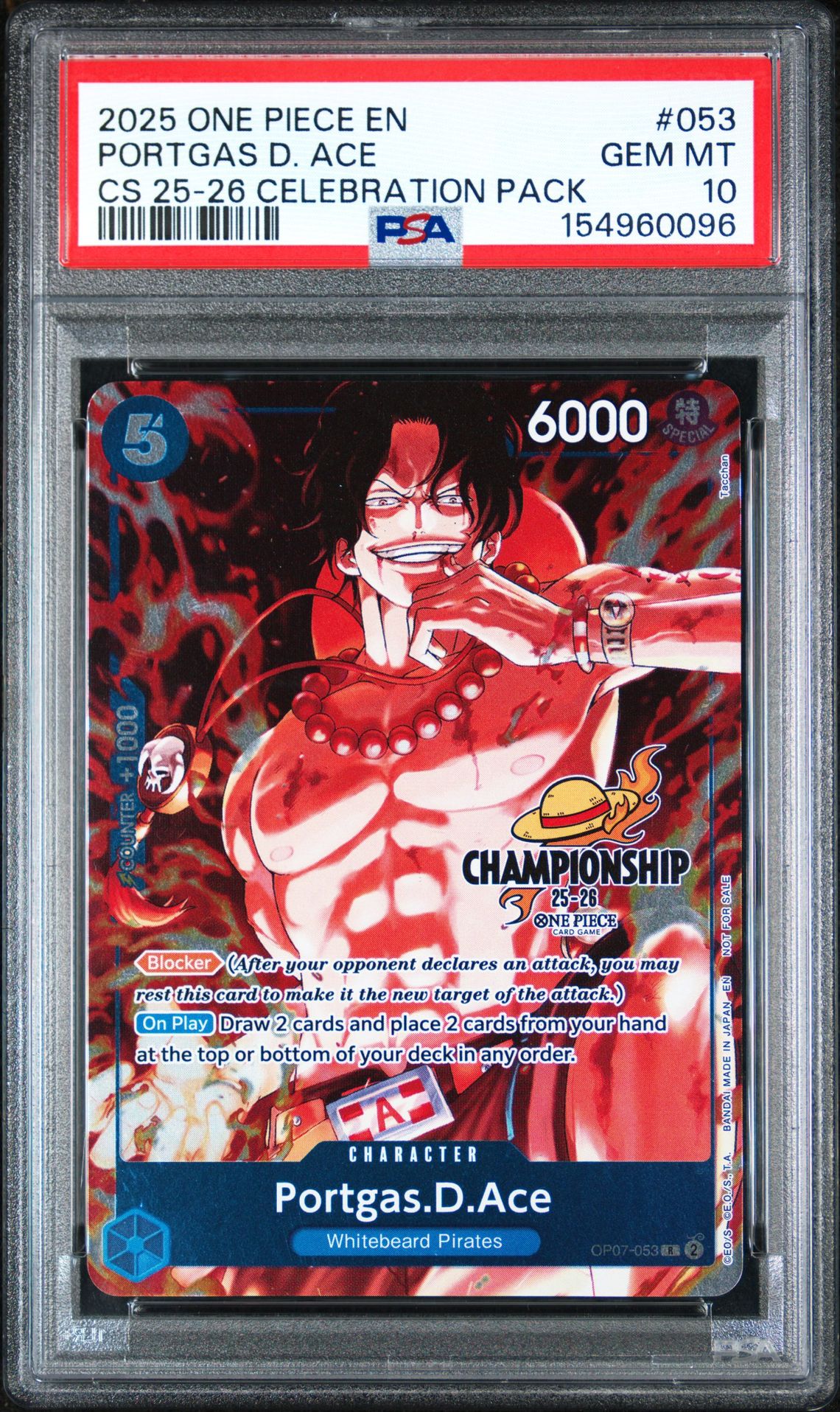 2025 ONE PIECE CHAMPIONSHIP 2025-26 CELEBRATION PACK PORTGAS D. ACE  053 GEM MT 10 front