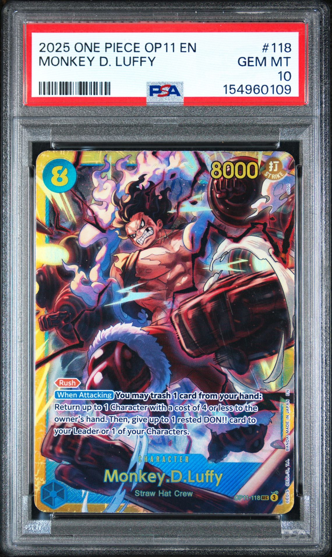 2025 ONE PIECE OP11-A FIST OF DIVINE SPEED MONKEY D. LUFFY  118 GEM MT 10 front