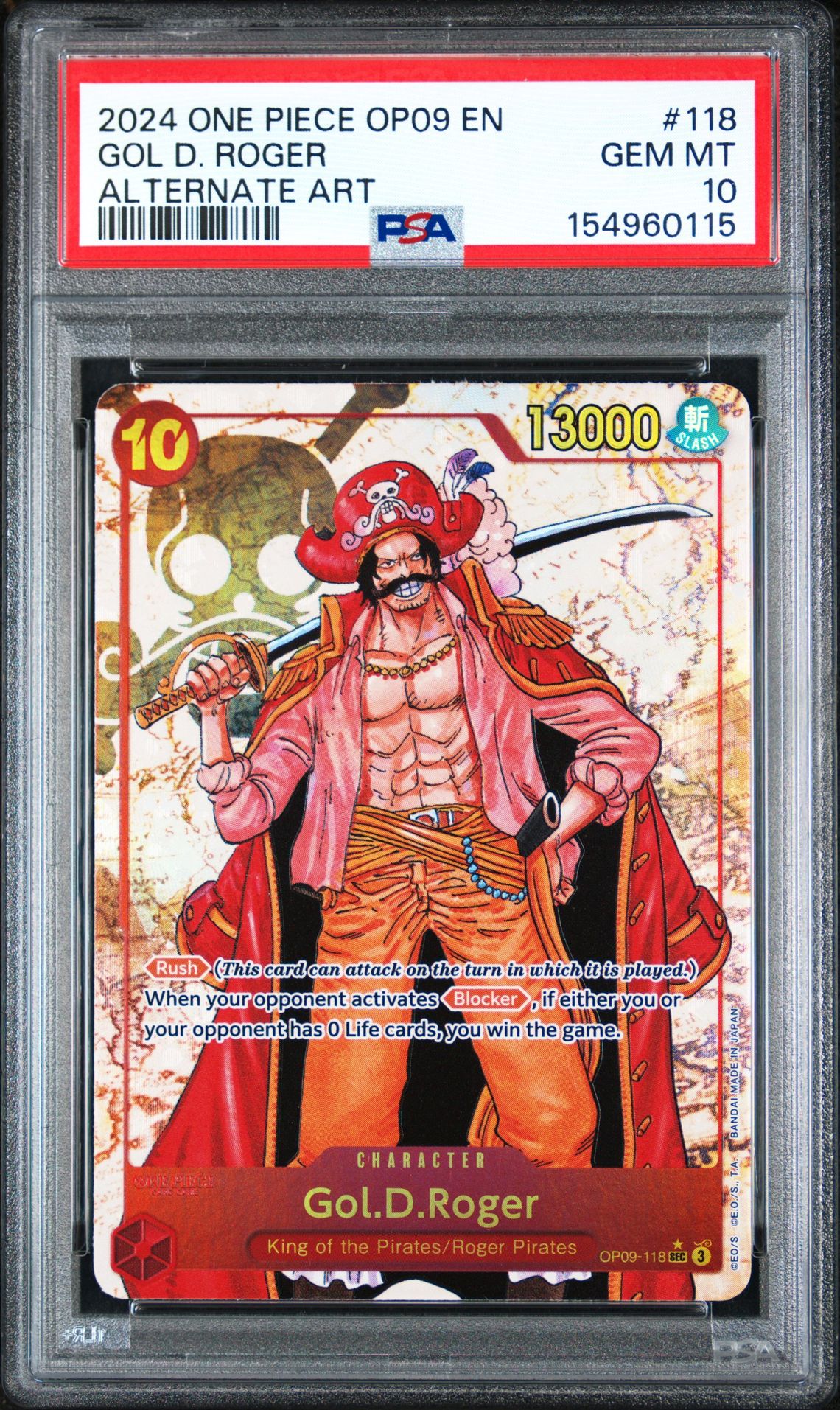 2024 One Piece Op09-Emperors In The New World Gol D. Roger #118 (Alternate Art) Gem Mt 10 front view - PSA graded GEM MT 10