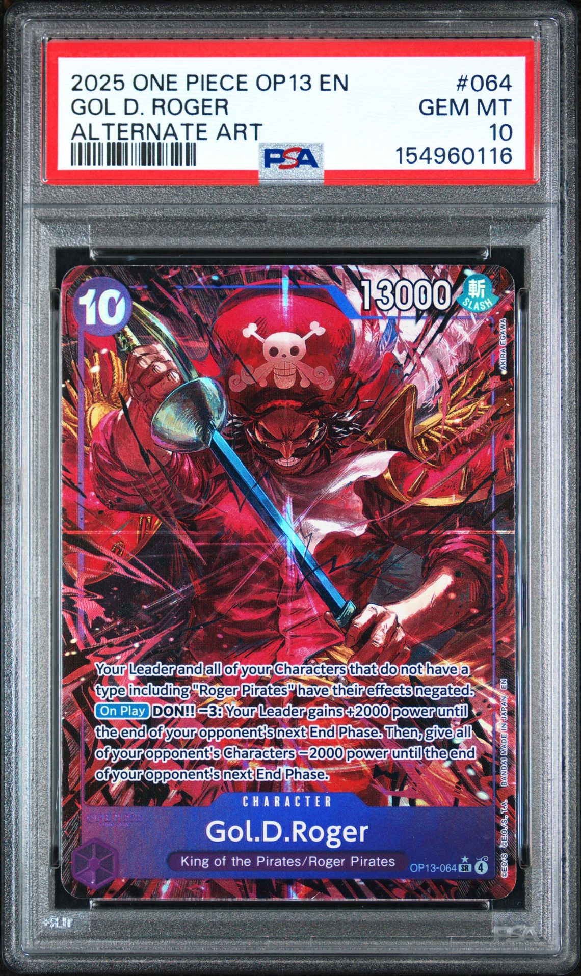 2025 One Piece Op13-Carrying On His Will Gol D. Roger #064 (Alternate Art) Gem Mt 10 front view - PSA graded GEM MT 10