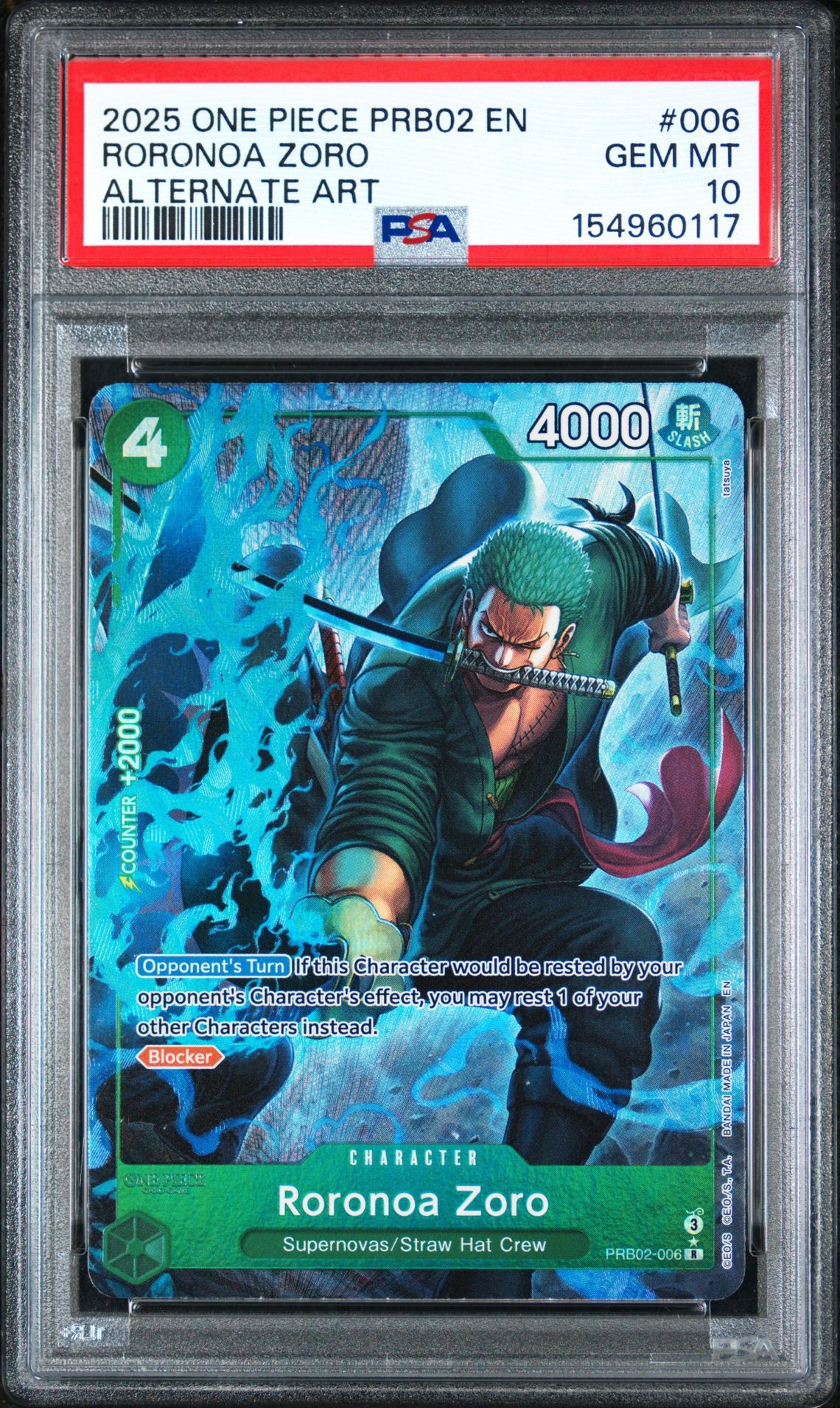 2025 ONE PIECE PRB02-PREMIUM BOOSTER -ONE PIECE CARD THE BEST- VOL.2 RORONOA ZORO ALTERNATE ART 006 GEM MT 10 front