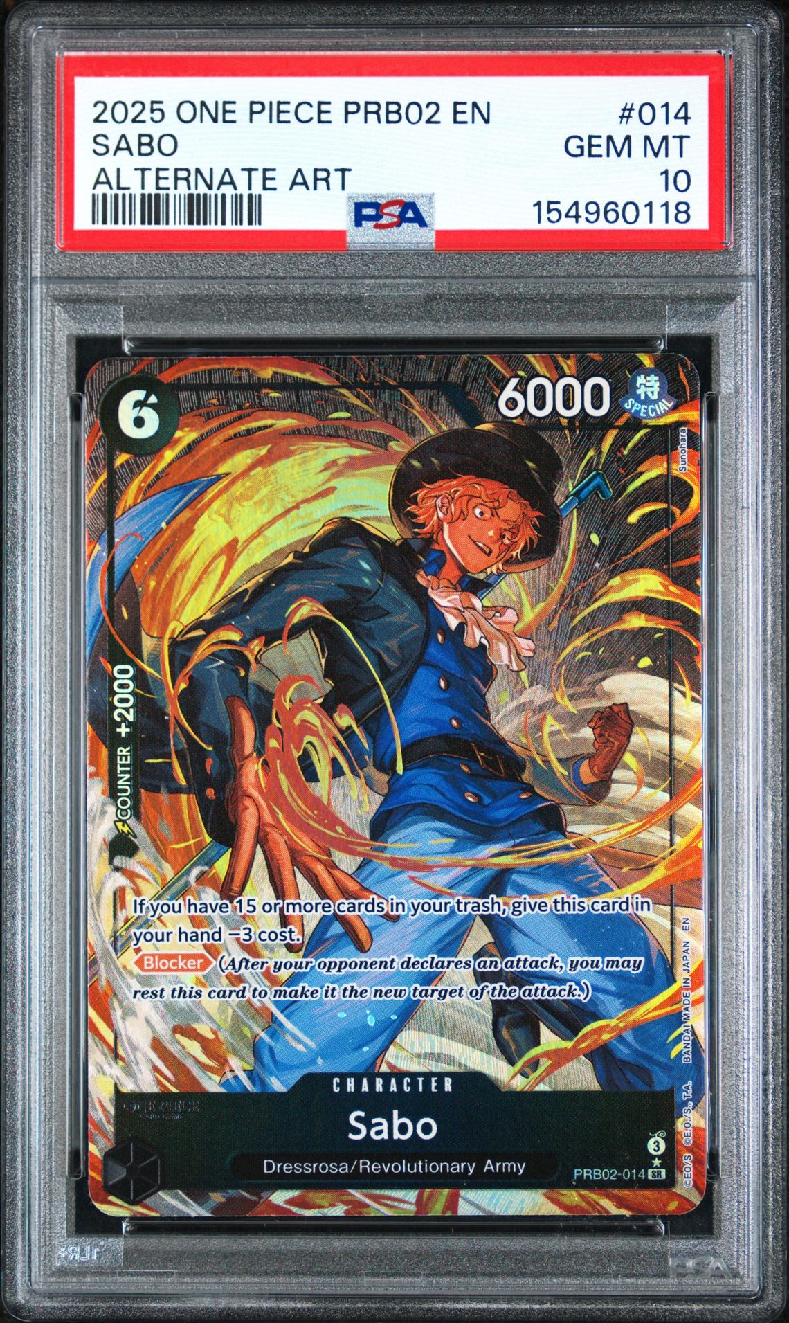 2025 One Piece Prb02-Premium Booster -One Piece Card The Best- Vol.2 Sabo #014 (Alternate Art) Gem Mt 10 front view - PSA graded GEM MT 10