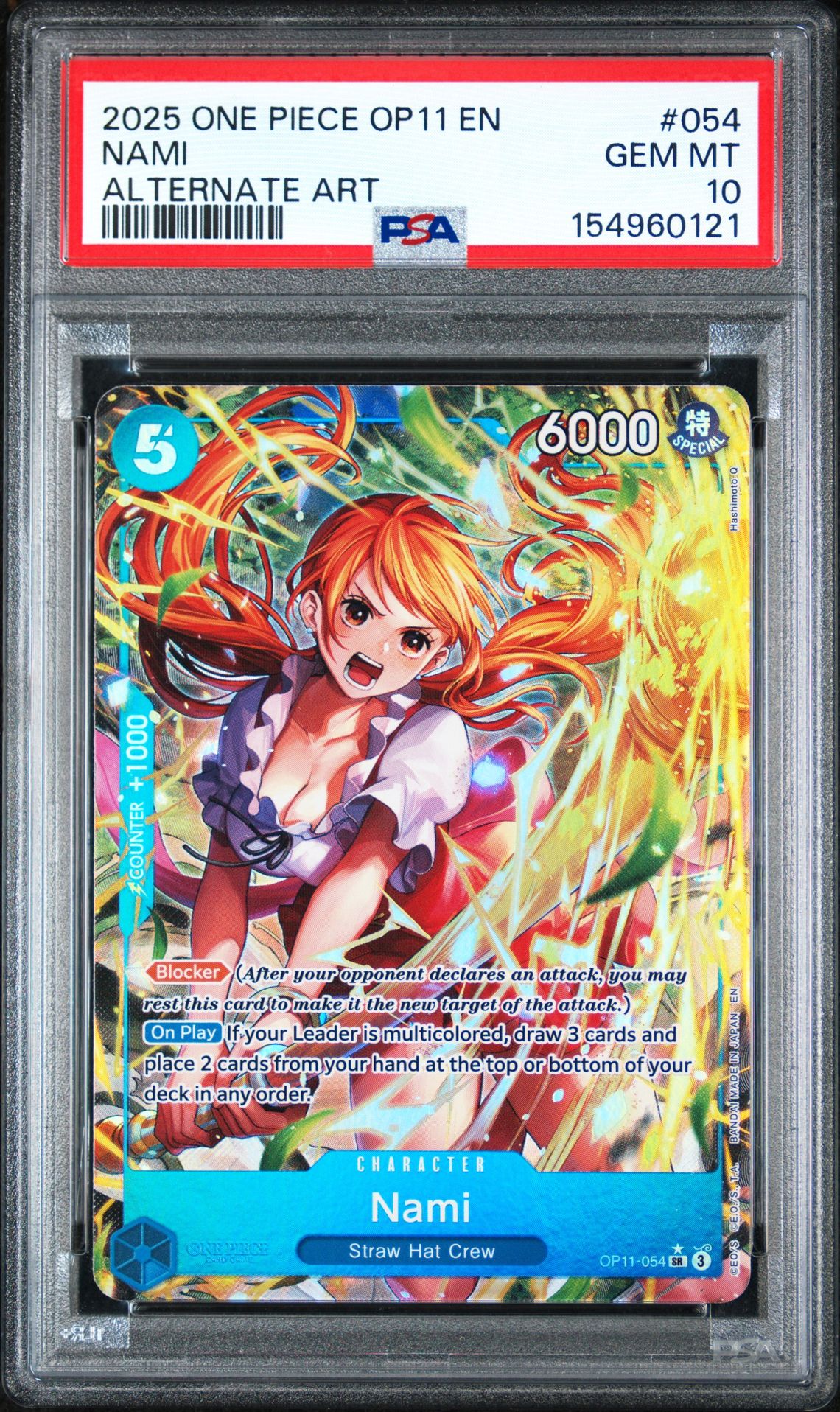 2025 ONE PIECE OP11-A FIST OF DIVINE SPEED NAMI ALTERNATE ART 054 GEM MT 10 front