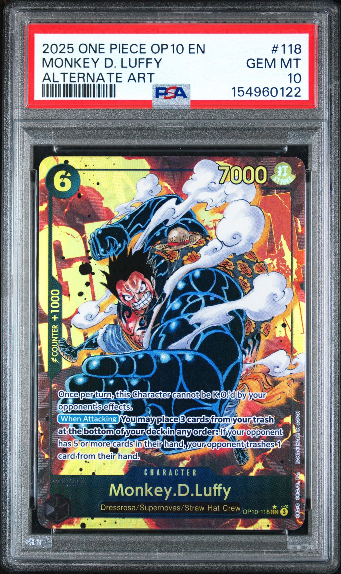 2025 One Piece Op10-Royal Blood Monkey D. Luffy #118 (Alternate Art) Gem Mt 10 front view - PSA graded GEM MT 10