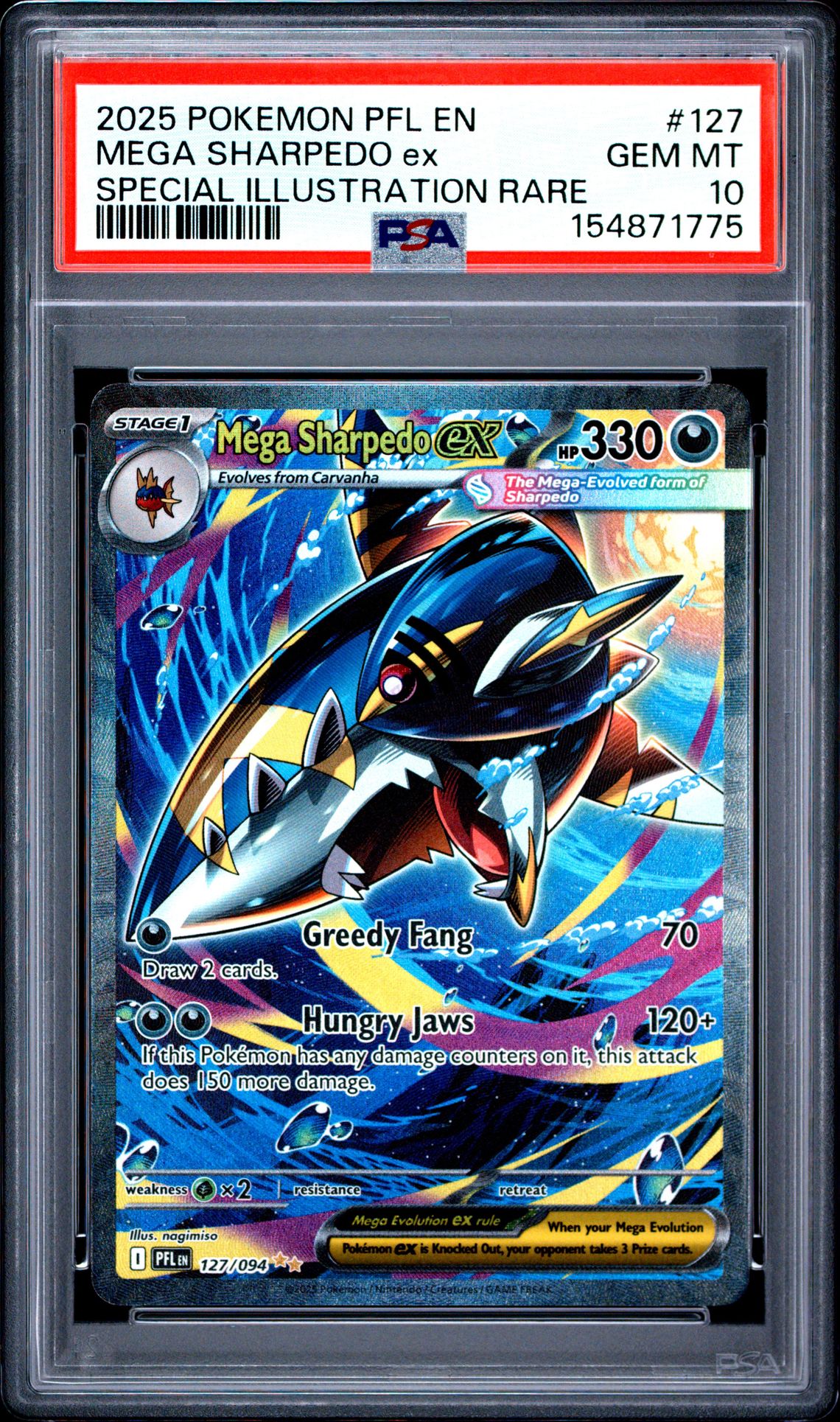 2025 Pokemon Pfl En-Phantasmal Flames Mega Sharpedo Ex #127 (Special Illustration Rare) Gem Mt 10 front view - PSA graded GEM MT 10