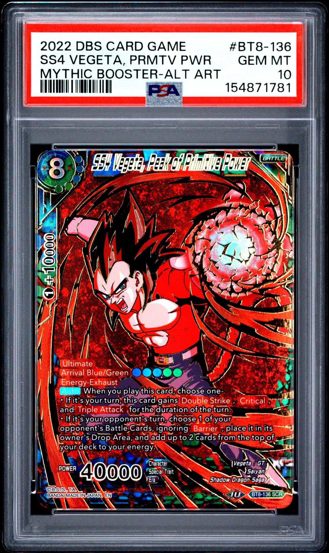 2022 Dragon Ball Super Card Game Mythic Booster Ss4 Vegeta, Prmtv Pwr #Bt8-136 (Mythic Booster-Alt Art) Gem Mt 10 front view - PSA graded GEM MT 10