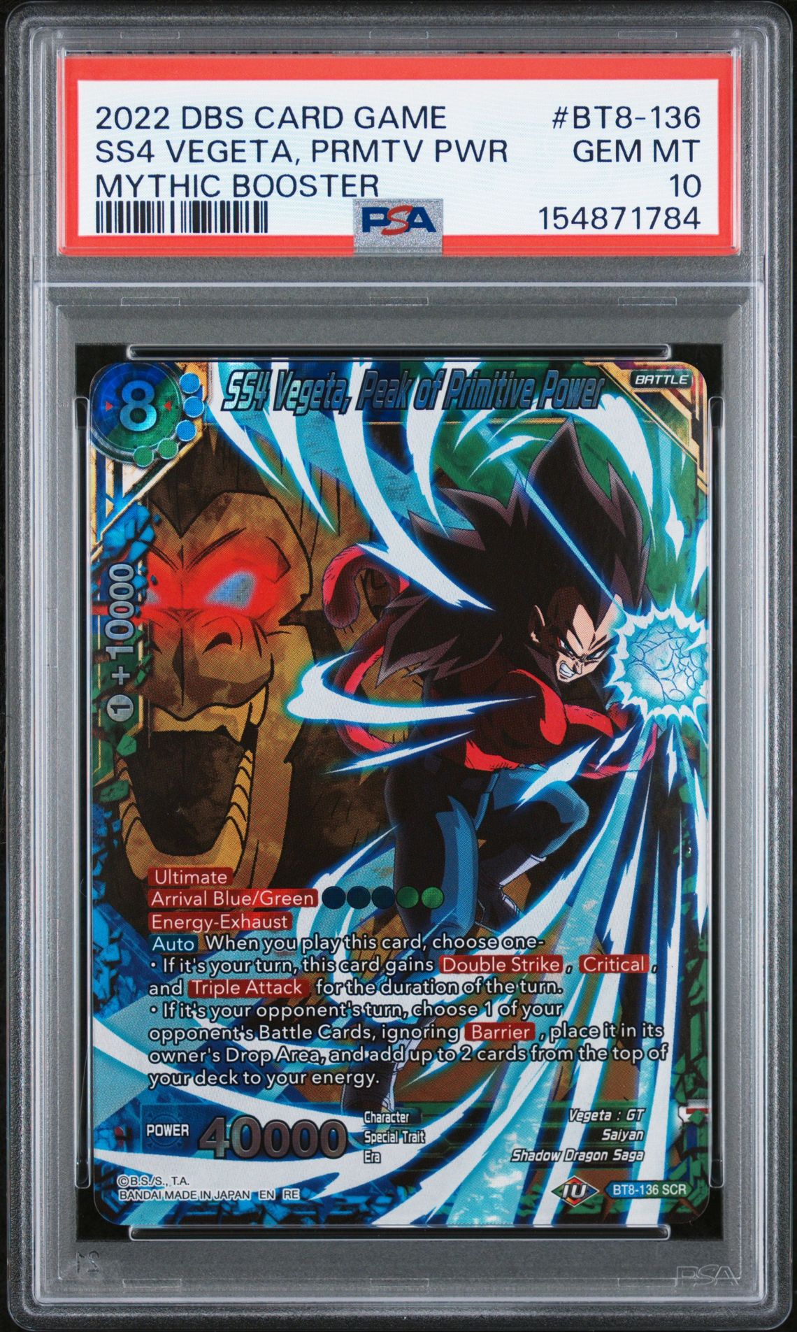 2022 Dragon Ball Super Card Game Mythic Booster Ss4 Vegeta, Prmtv Pwr #Bt8-136 Gem Mt 10 front
