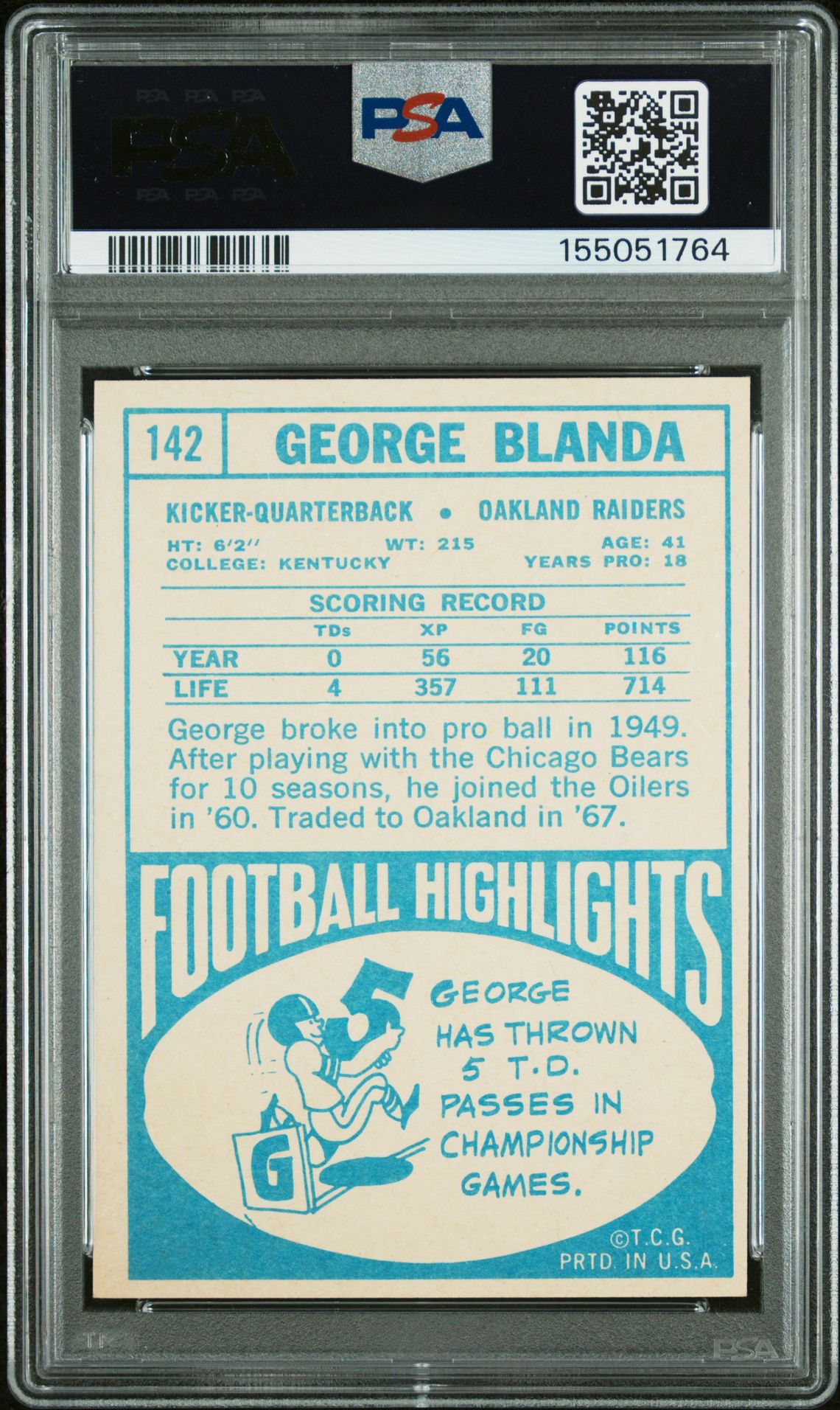 1968 Topps George Blanda #142 Nm 7 back