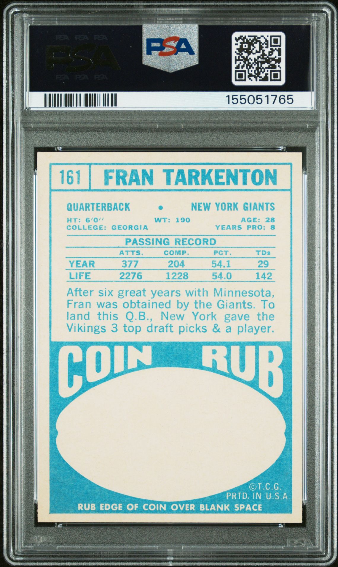 1968 Topps Fran Tarkenton #161 Nm-Mt 8 back