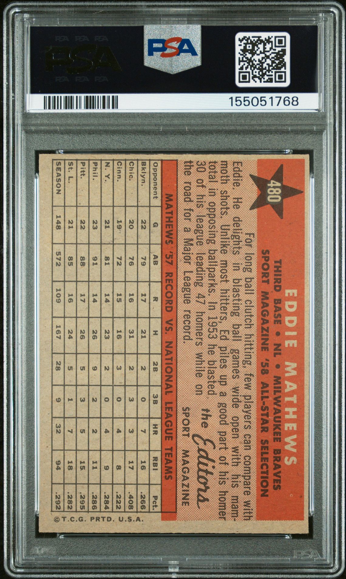 1958 Topps Eddie Mathews #480 (All Star) Ex-Mt 6 back
