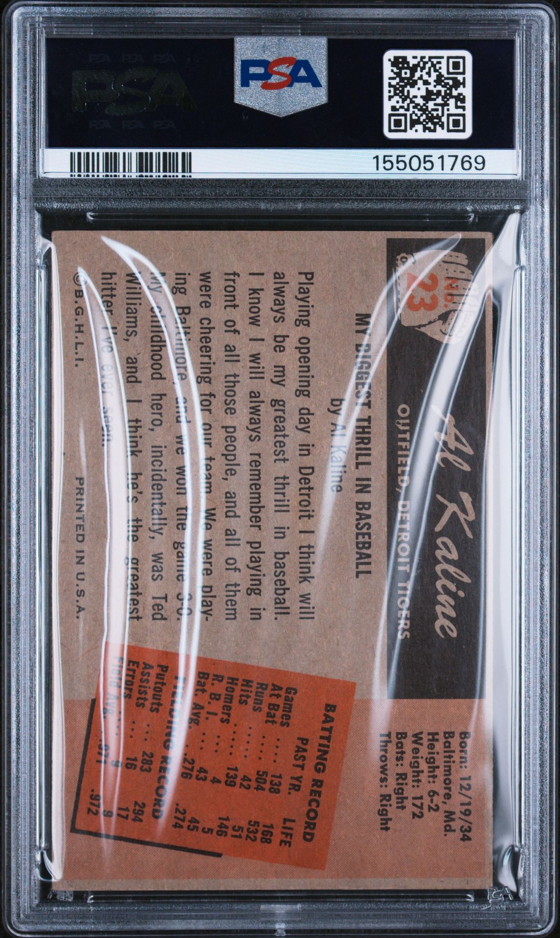 1955 Bowman Al Kaline #23 Vg-Ex 4 back