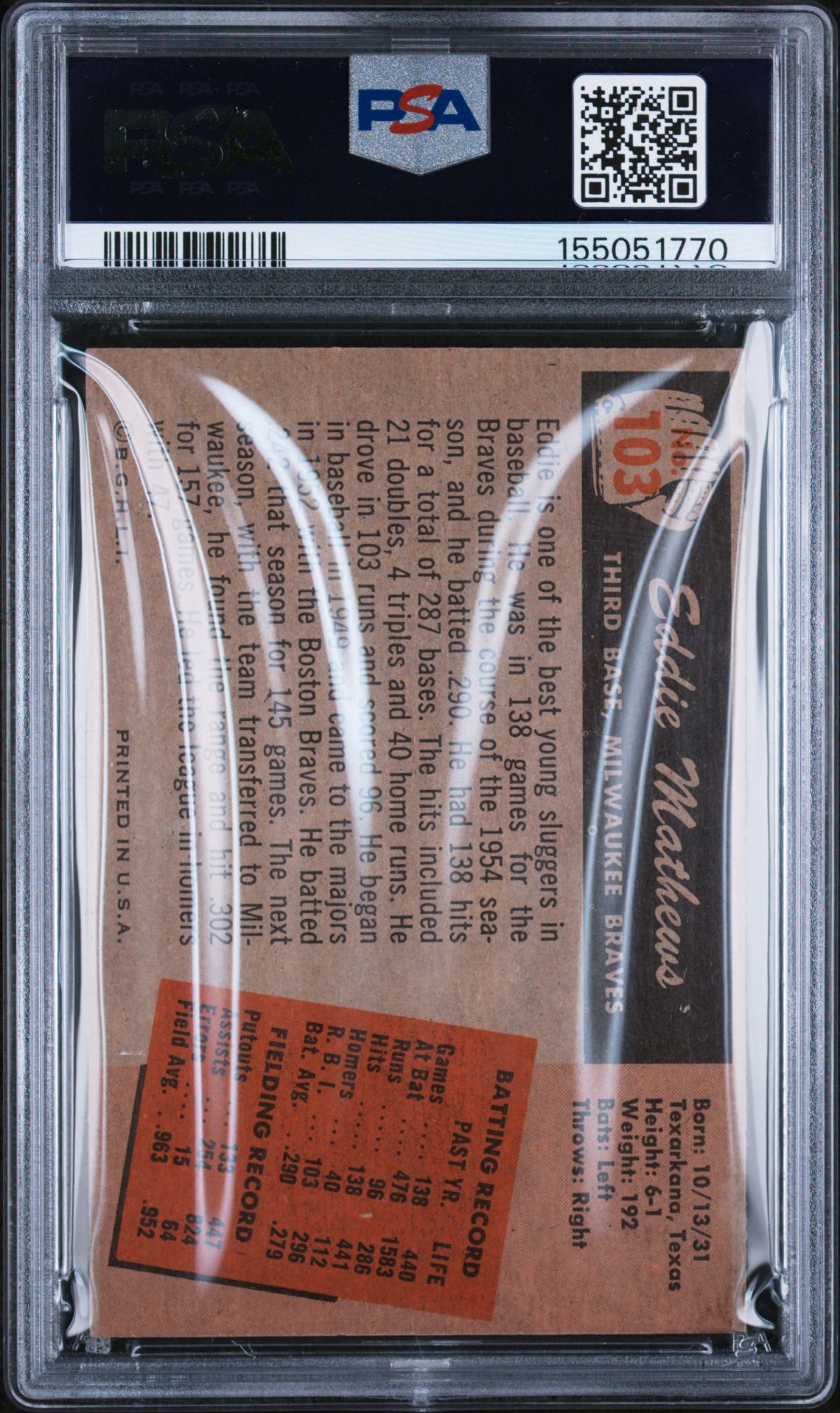 1955 Bowman Eddie Mathews #103 Ex 5 back