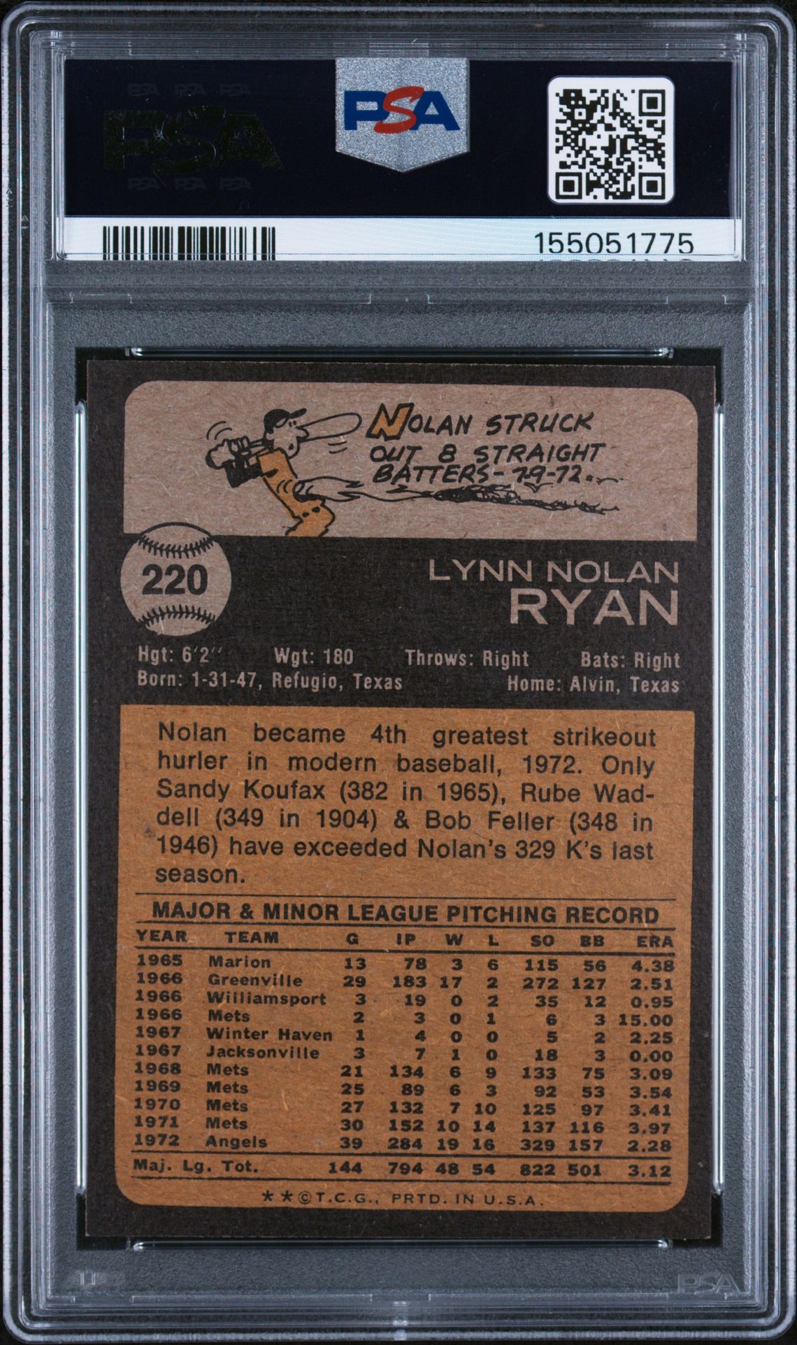 1973 Topps Nolan Ryan #220 Ex 5 back