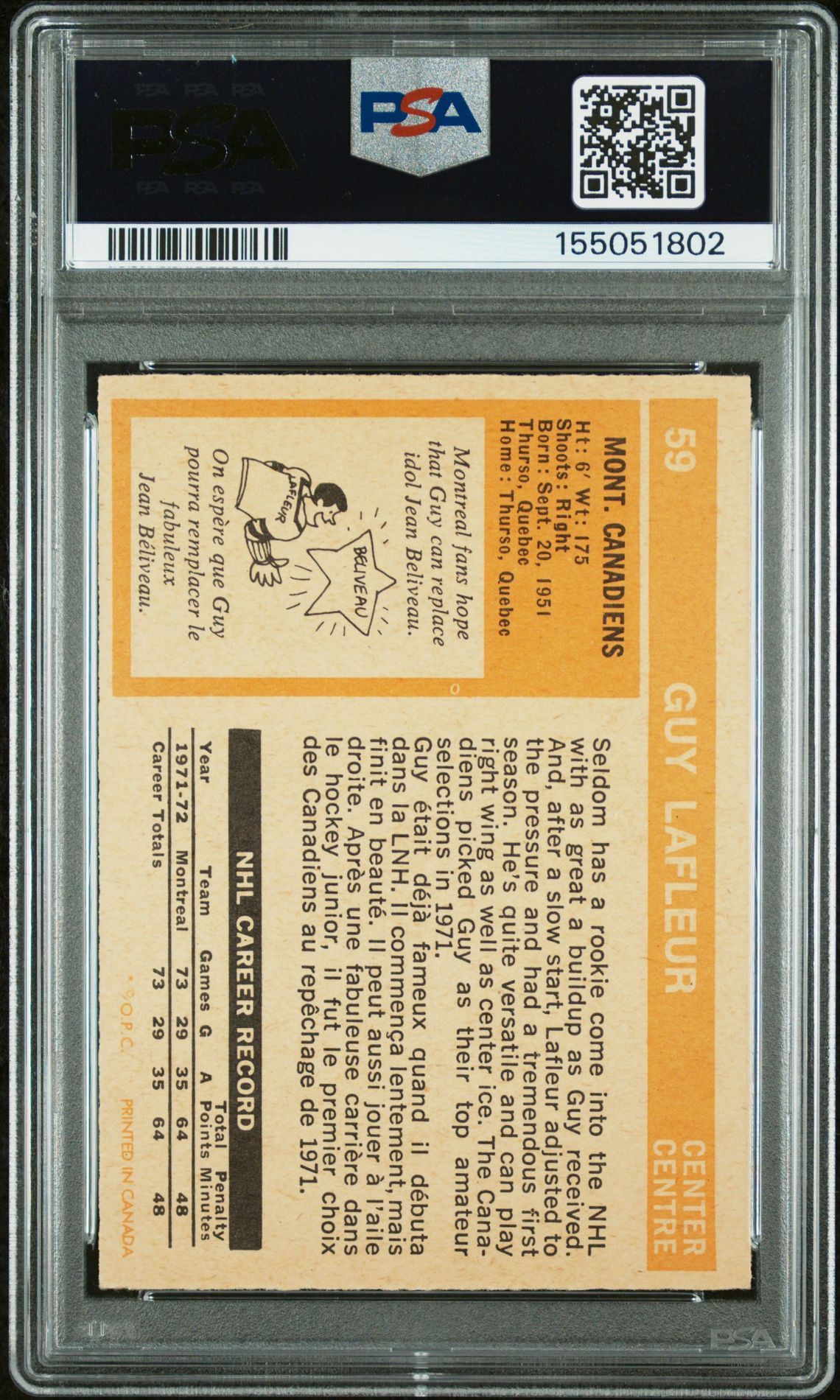 1972 O-Pee-Chee Guy Lafleur #59 Vg-Ex 4 back